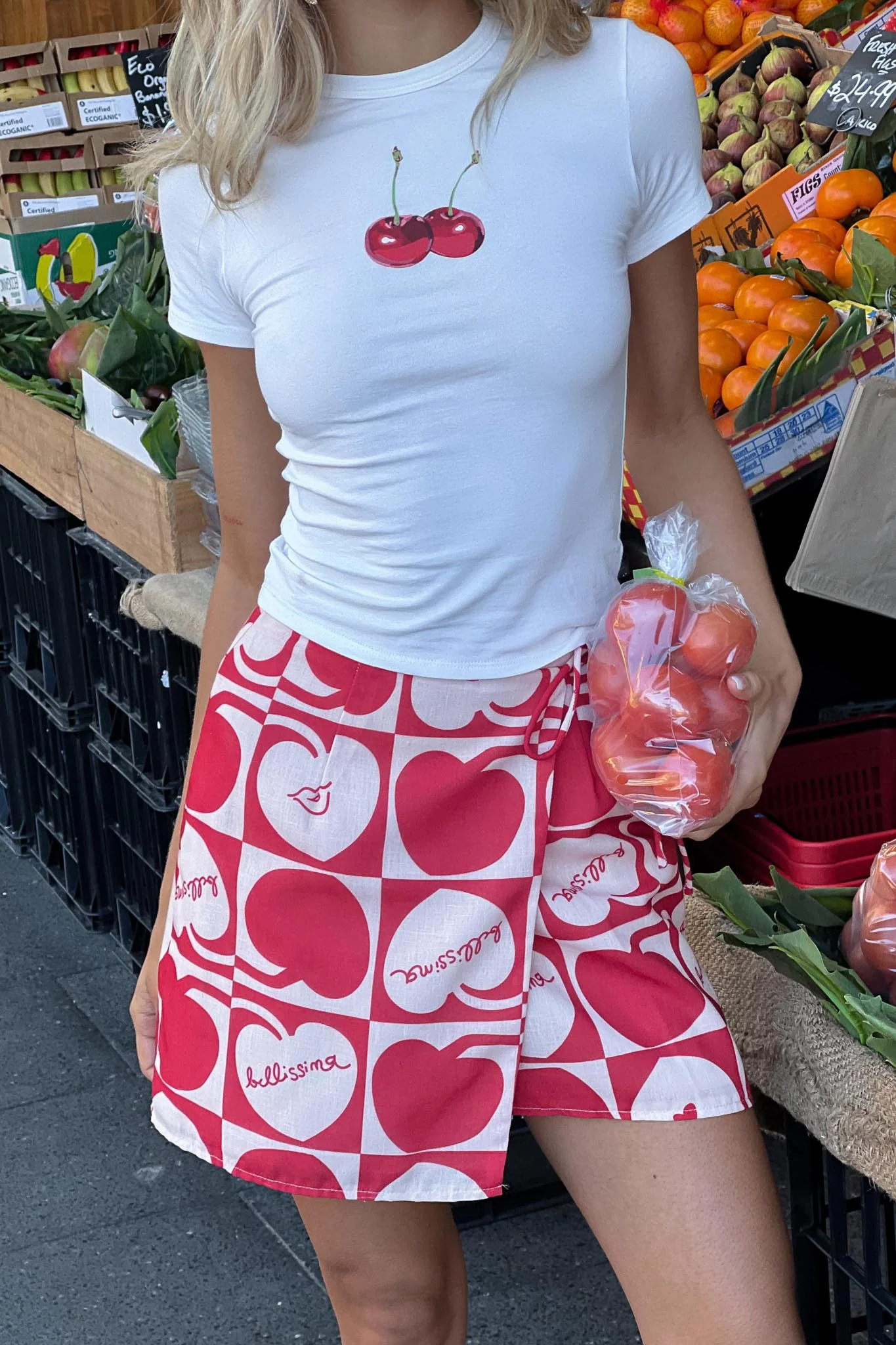 Ithaca Cherry Print Mini Wrap Skirt Red Beige