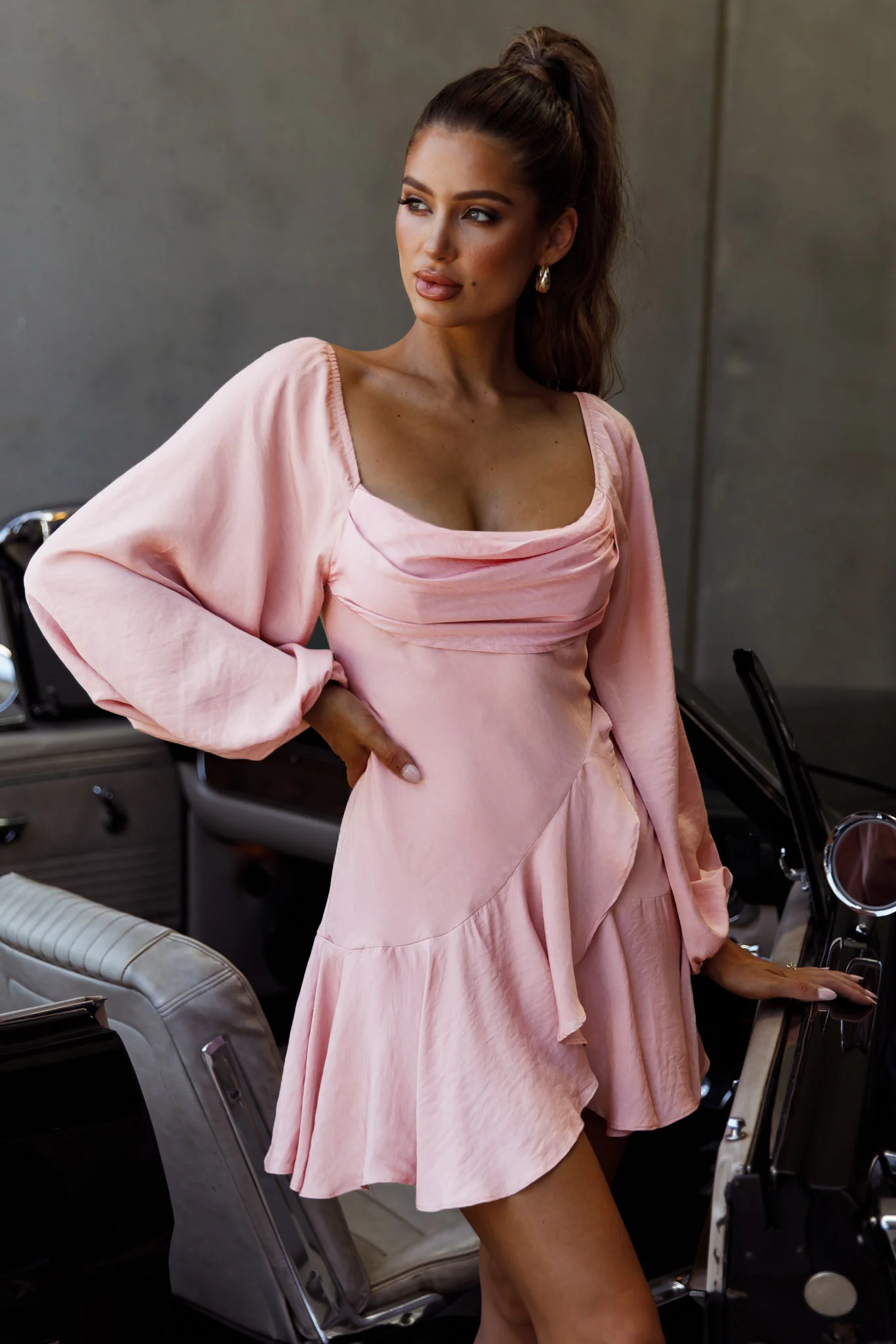 Beaujolais Long Sleeve Cowl Neckline Ruffle Satin Mini Dress Blush