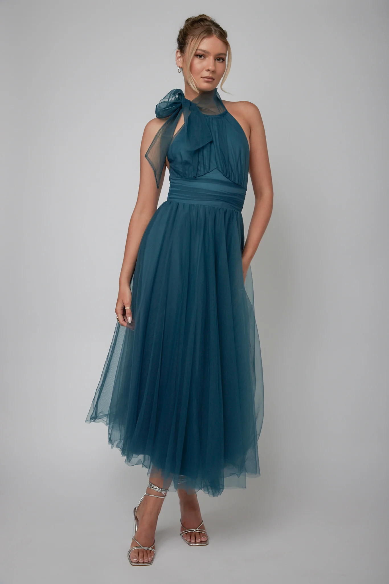 Andria Halterneck Tulle Midi Dress Teal