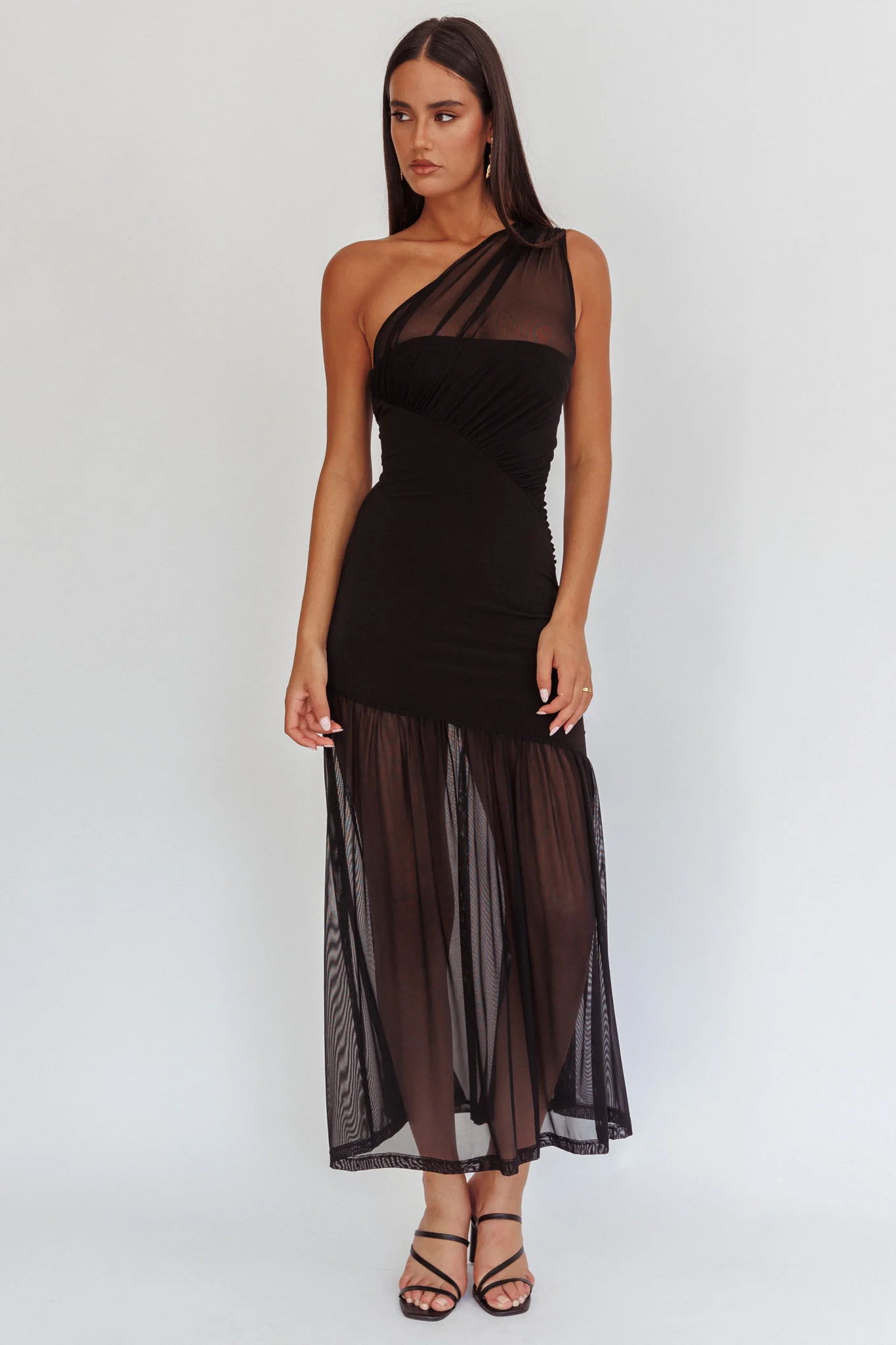 Passion One-Shoulder Mesh Maxi Dress Black