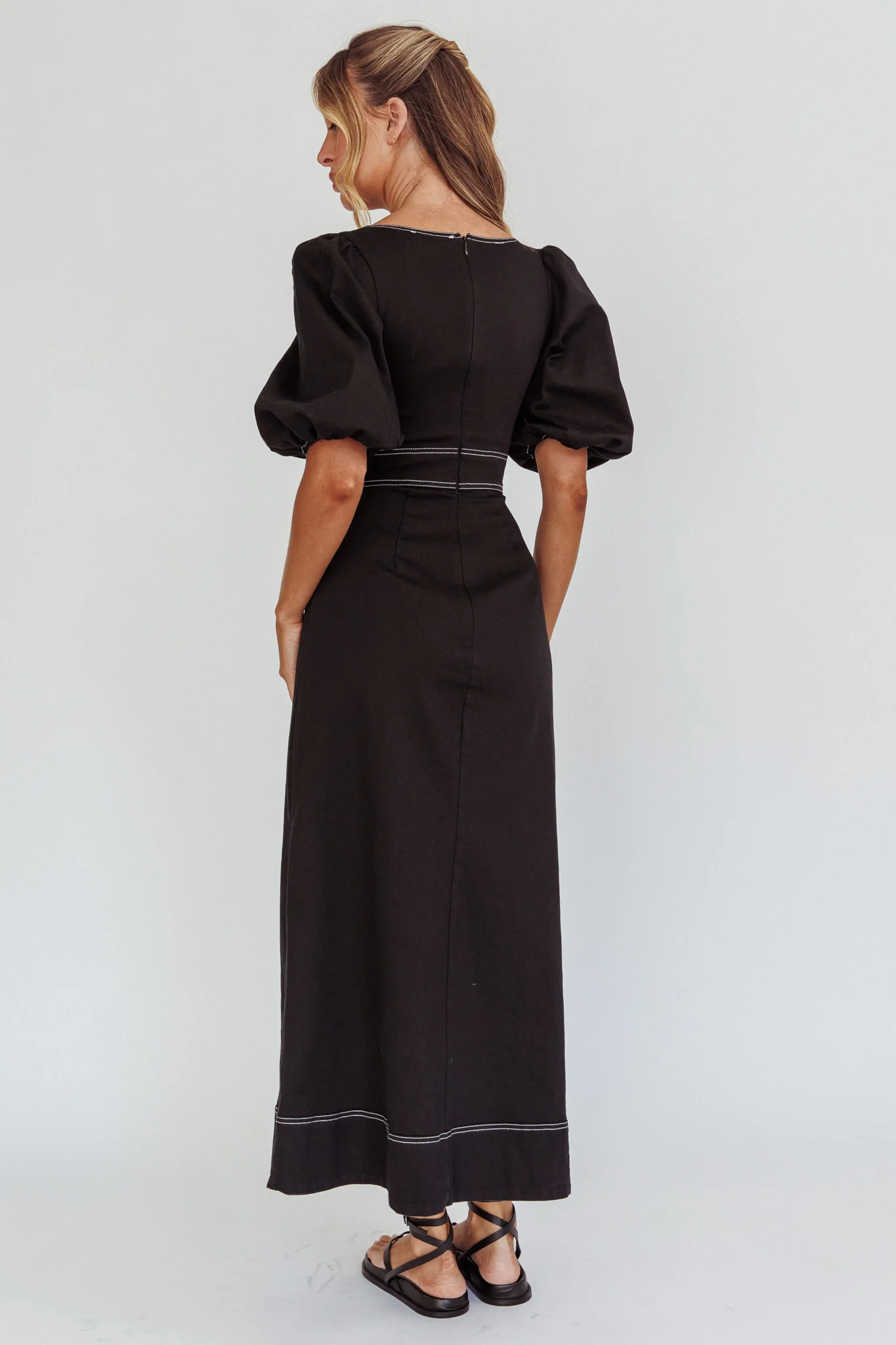 Sibille Puff Sleeve Contrast Stitch Dress Black