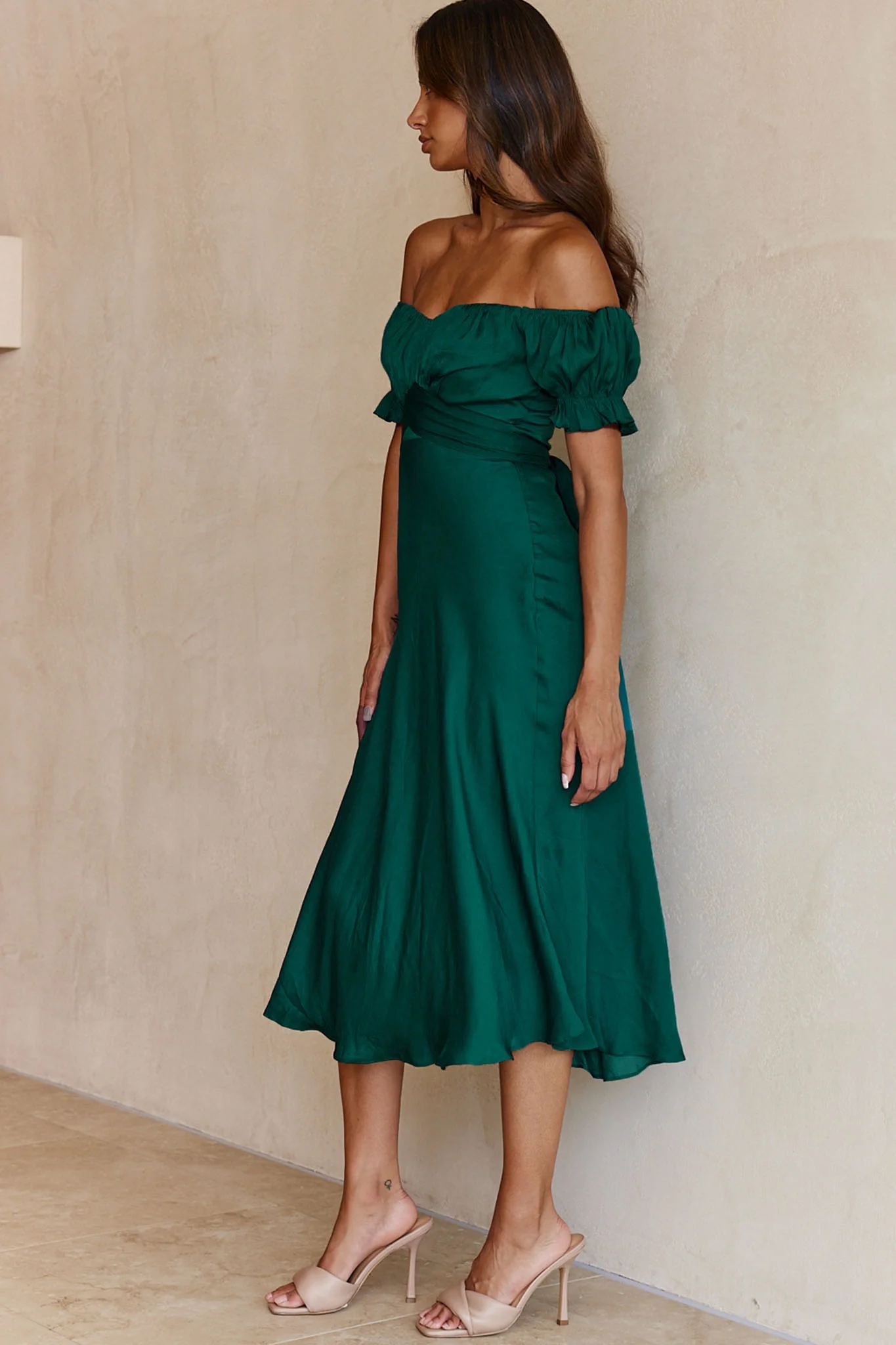 Linka Off-Shoulder Tie Back Midi Dress Forest Green