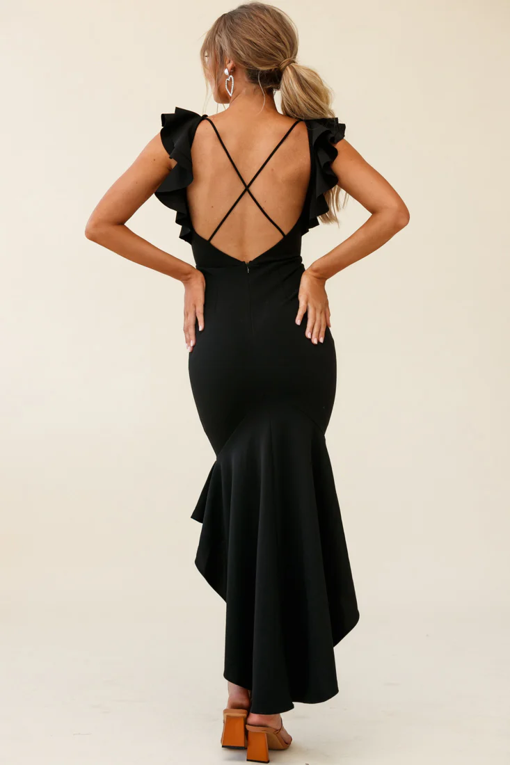 Pearl Ruffle Strap High-Low Hem Dress Black