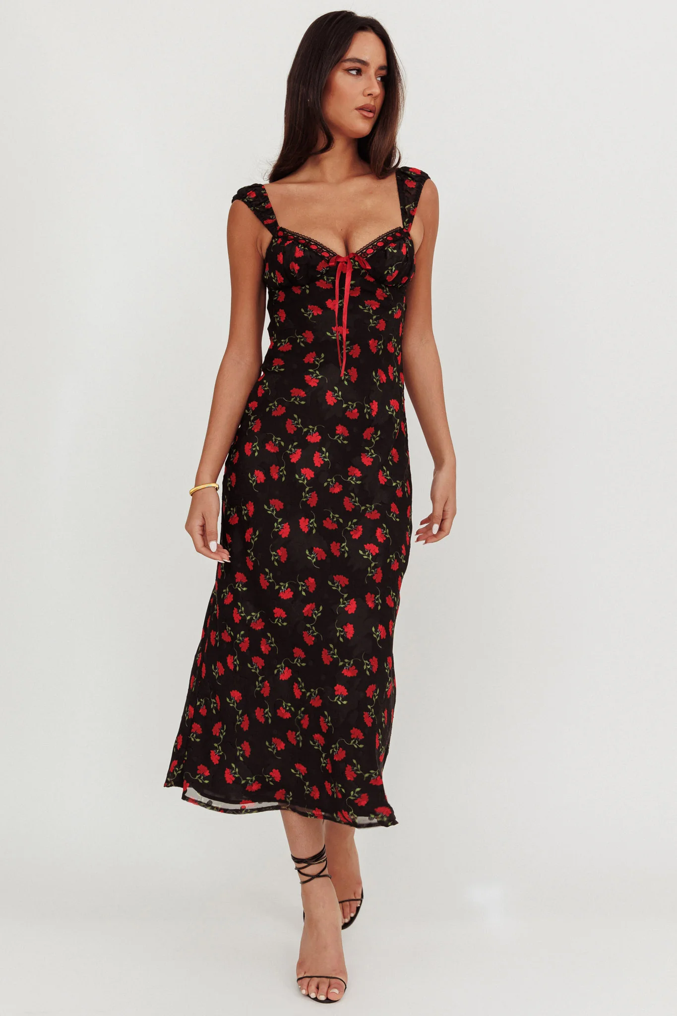 Femme Belle Ribbon Trim Maxi Dress Floral Black