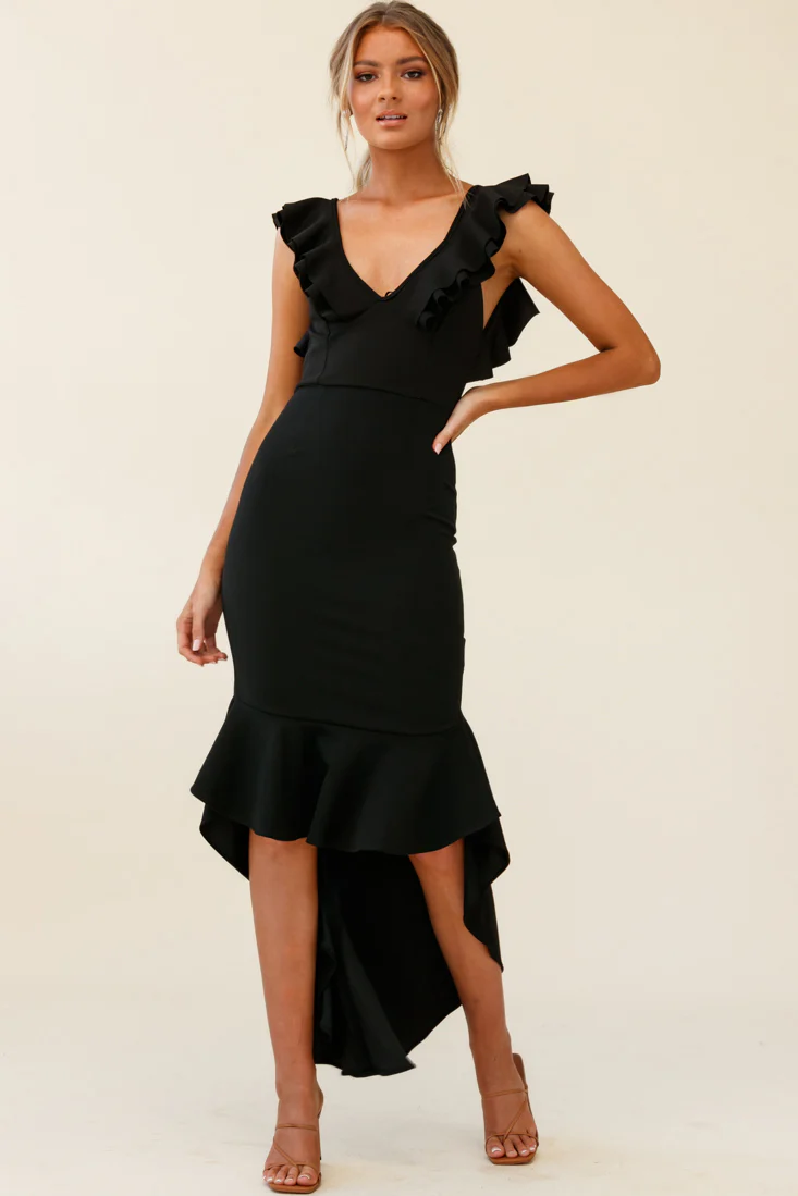Pearl Ruffle Strap High-Low Hem Dress Black