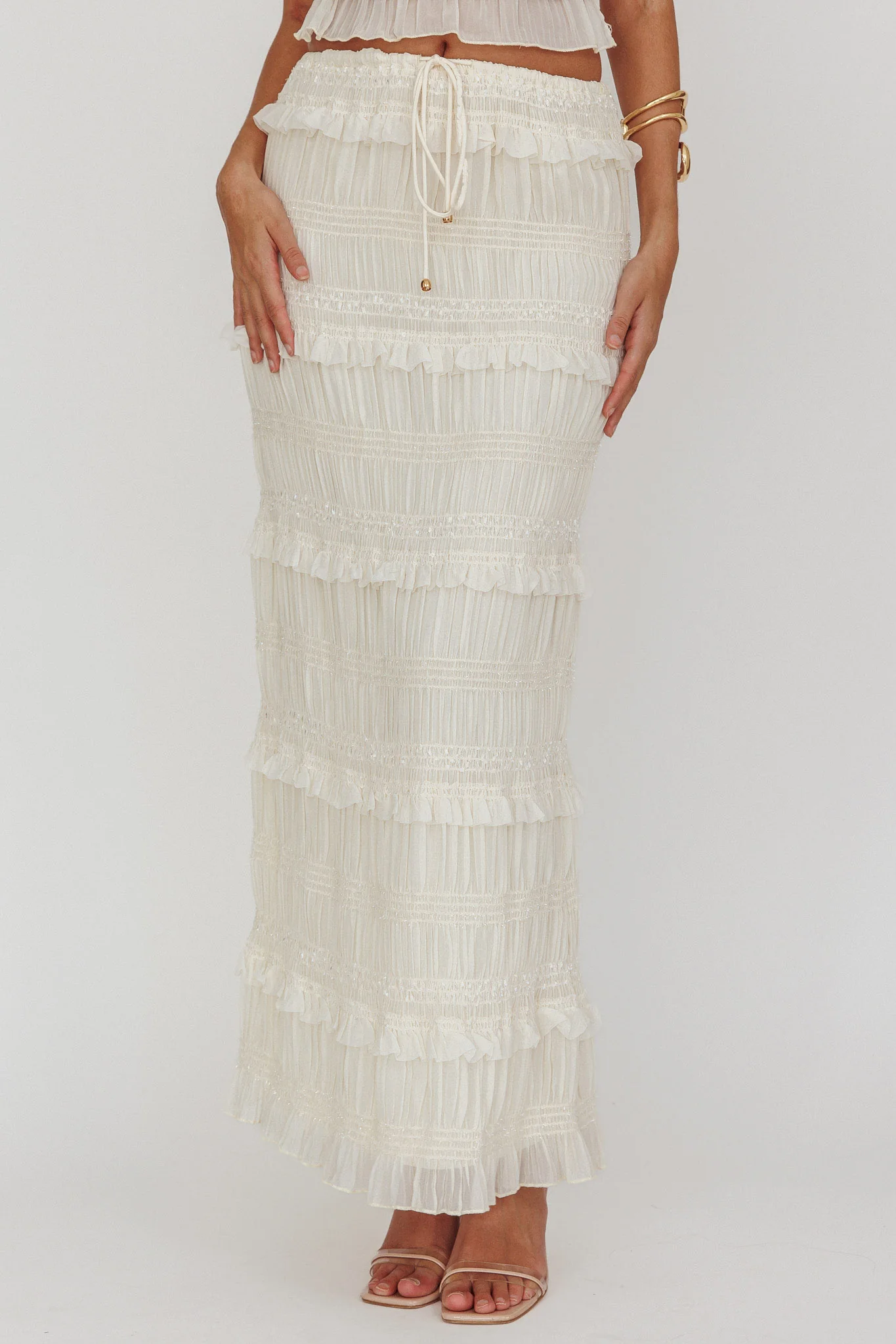 Helios Shirred Sequin Maxi Skirt Beige