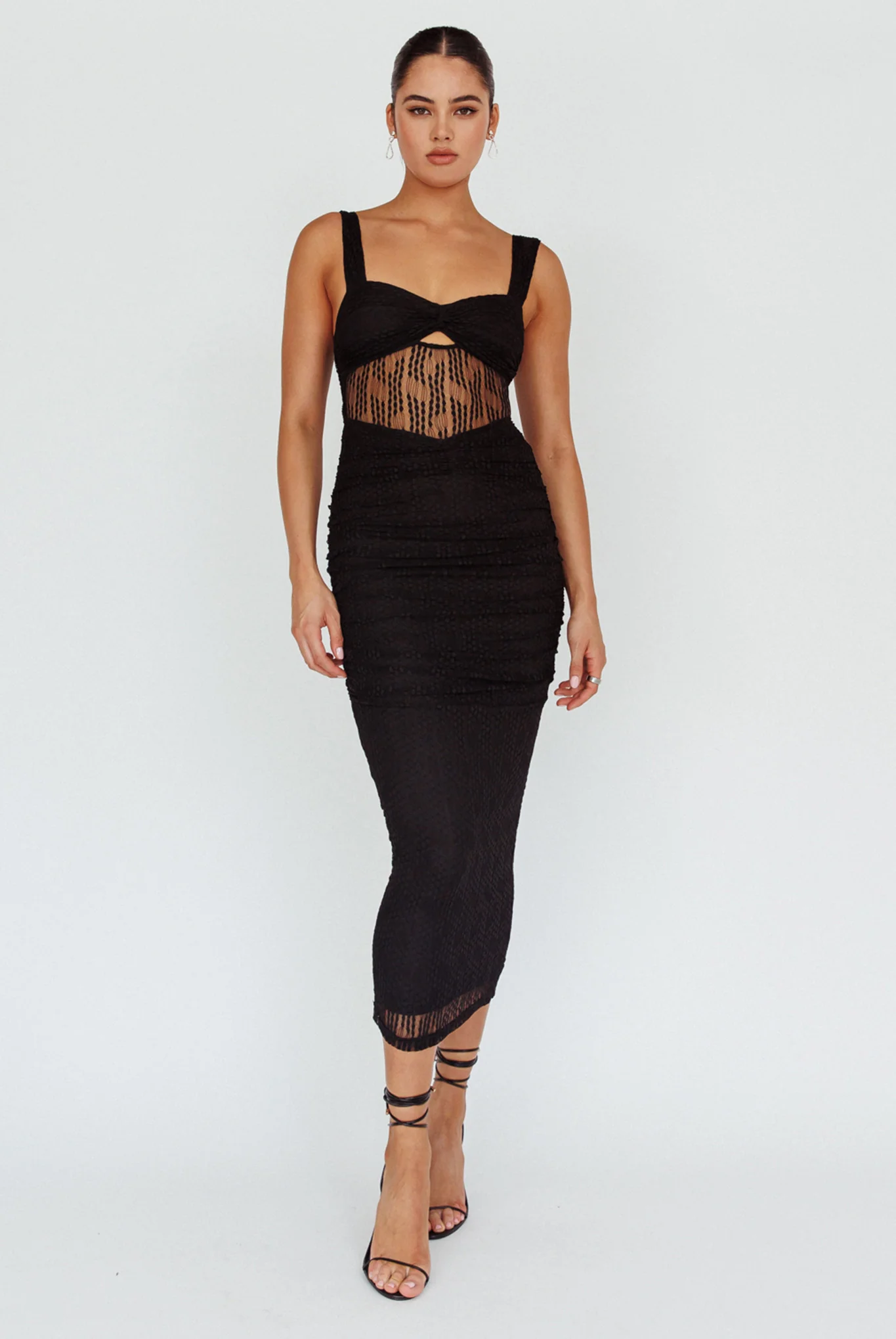 Oliana Embroidered Mesh Midi Dress Black