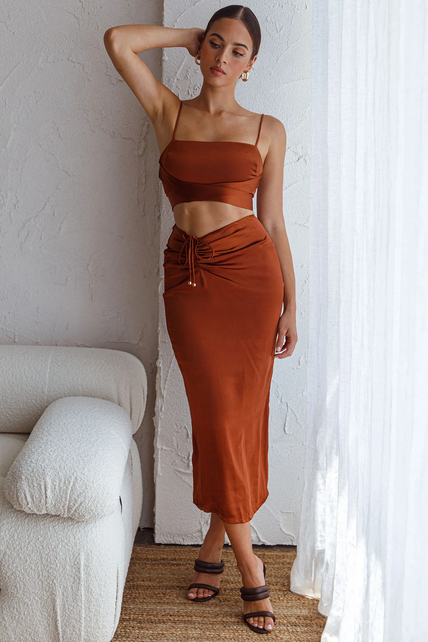 Desert Skies Ruched Drawstring Satin Midi Skirt Chocolate