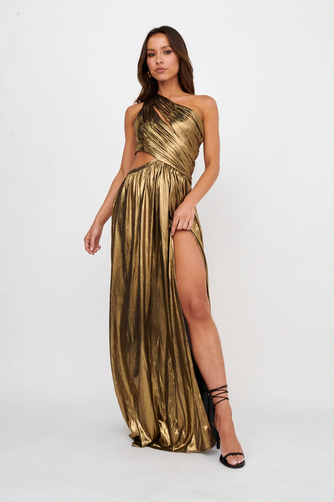 Fortuna One Shoulder Split Maxi Dress Black/Gold