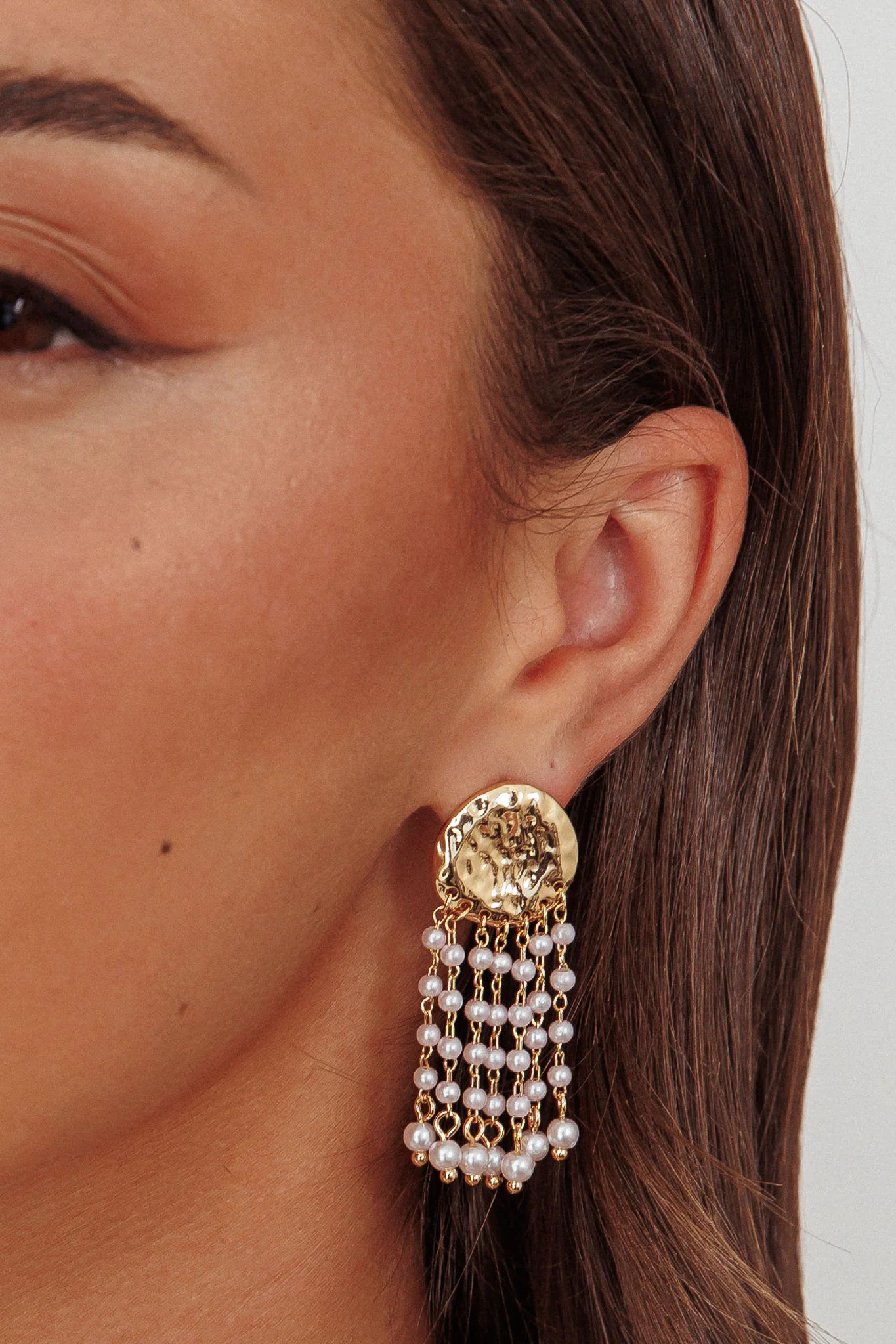 Alina Hammered Circle Tassel Earrings Gold Pearl