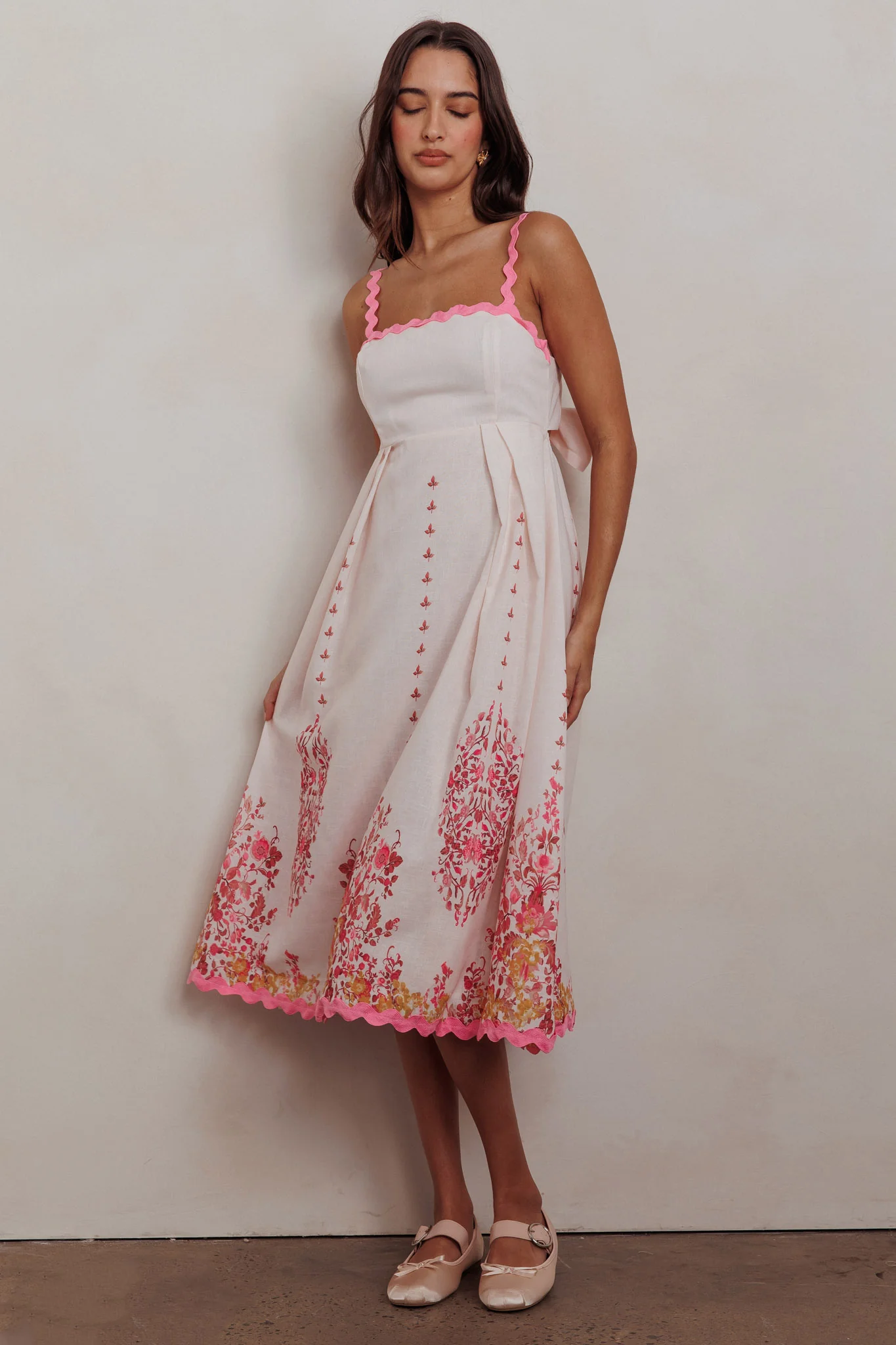 Asami Floral Print Ric Rac Trim Midi Dress Blush