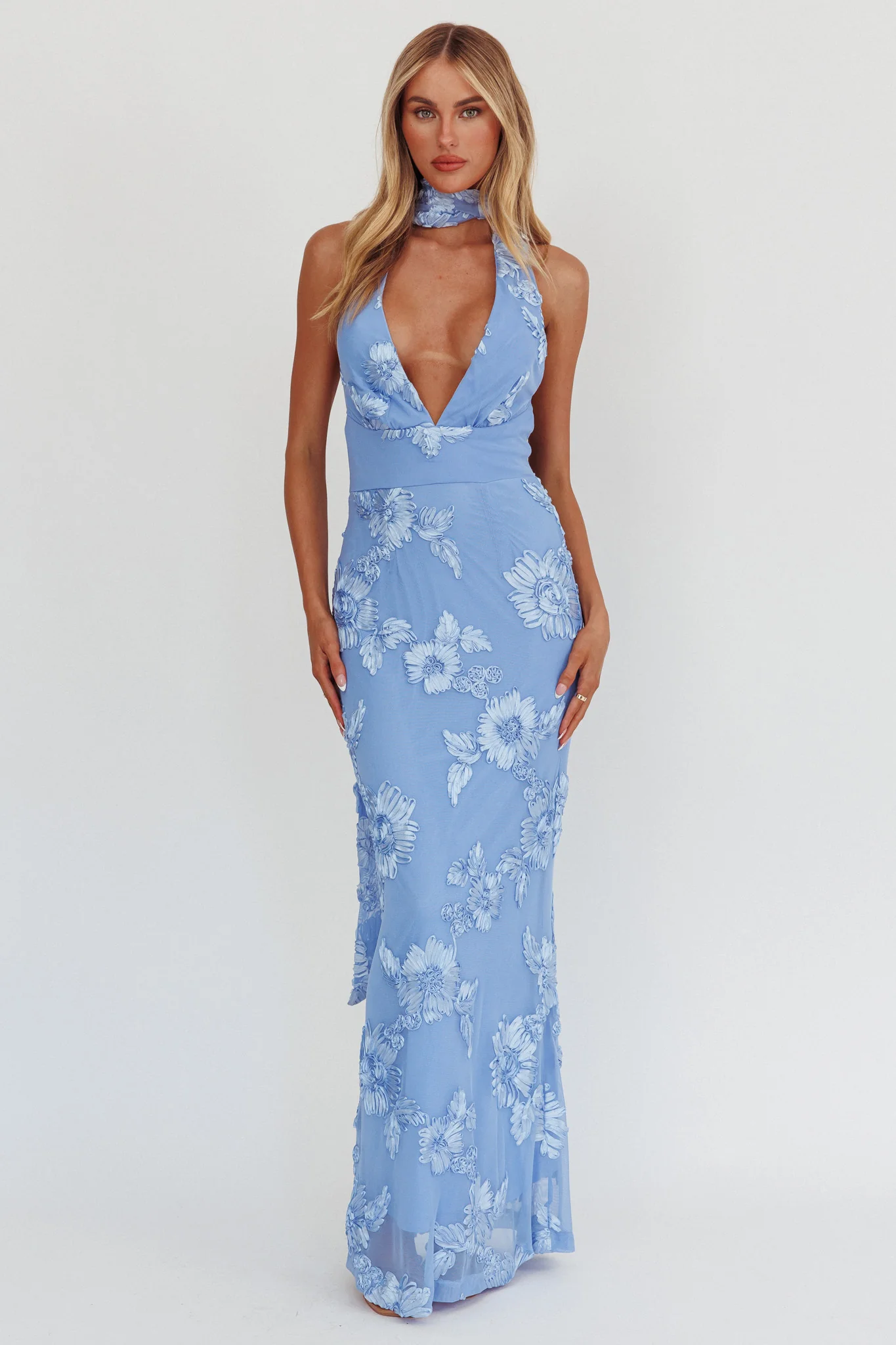 Cipriana Backless Halter Maxi Dress Embellished Blue