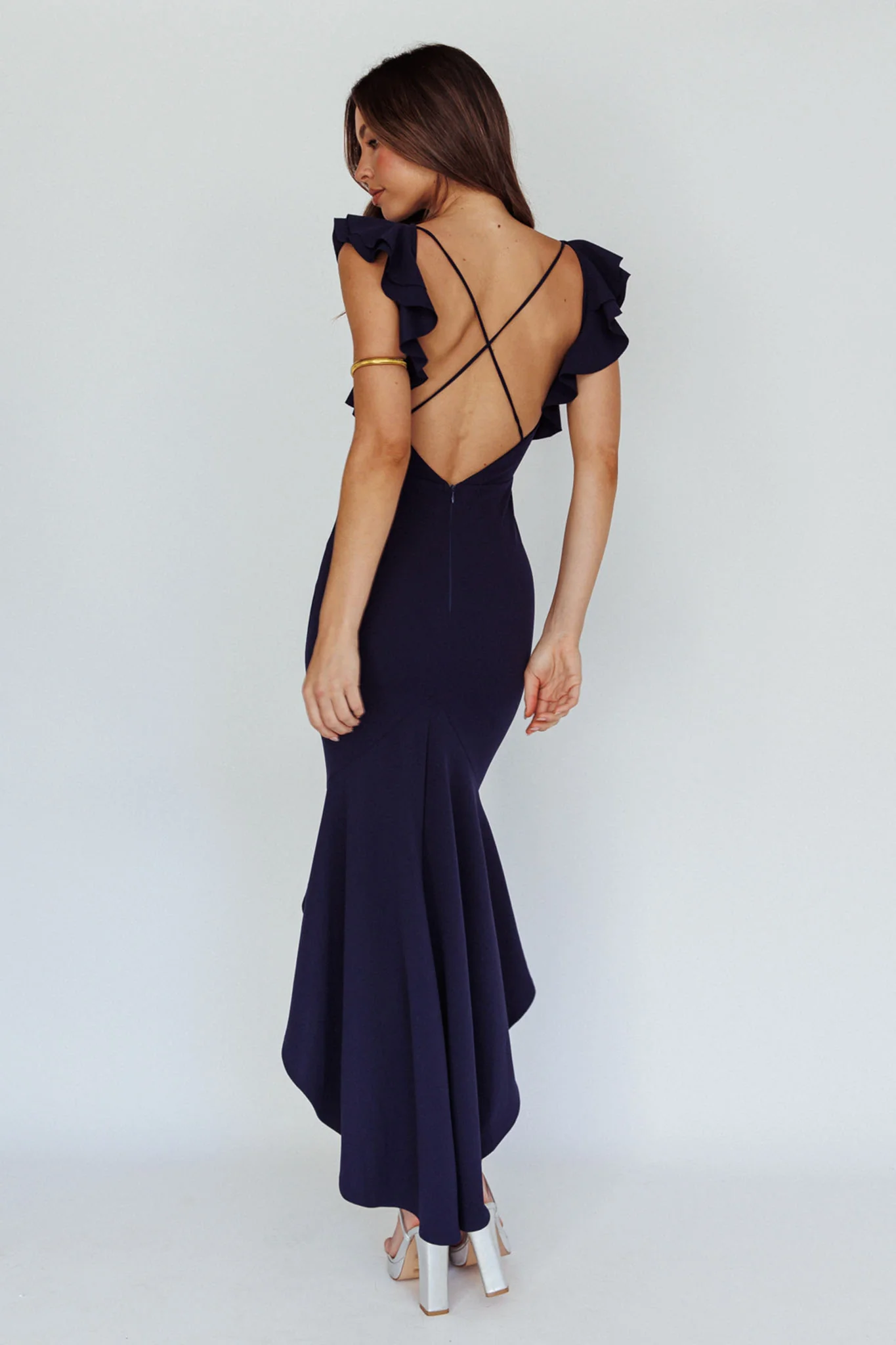 Pearl Ruffle Strap High-Low Hem Dress Navy