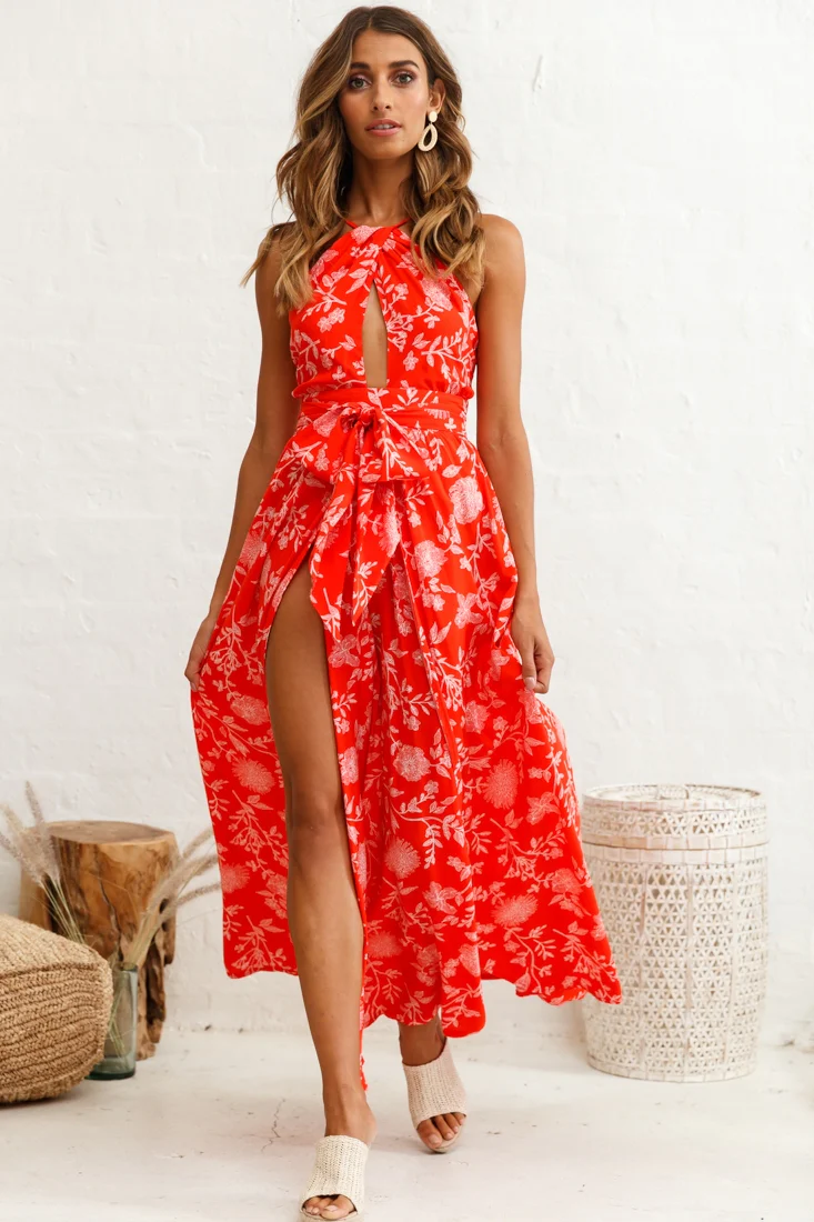 Athena High Split Maxi Dress Floral Print Red