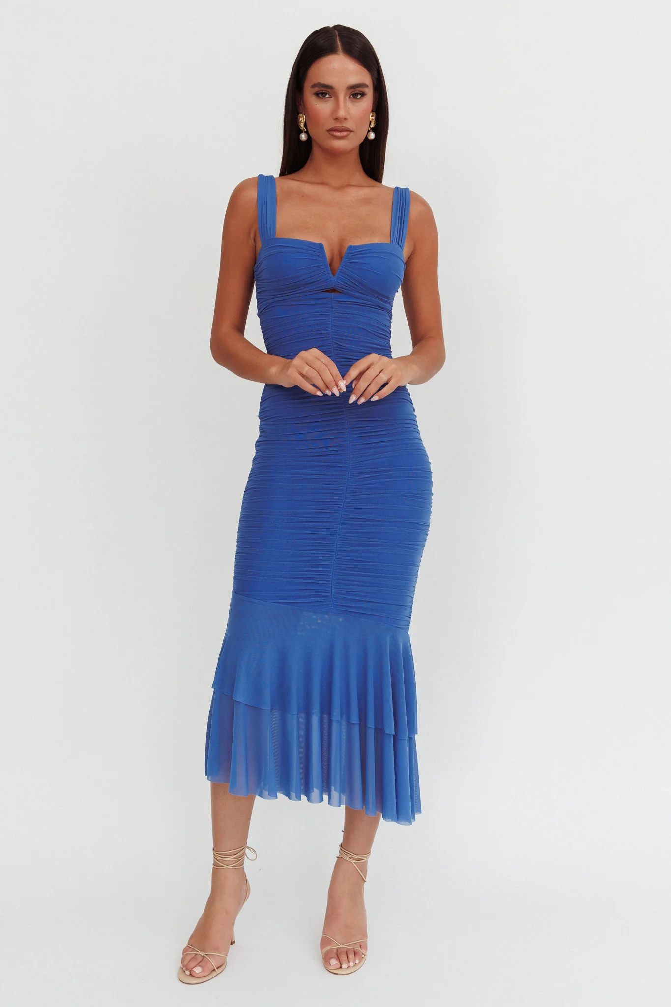 Nadia Ruched Fishtail Maxi Dress Blue