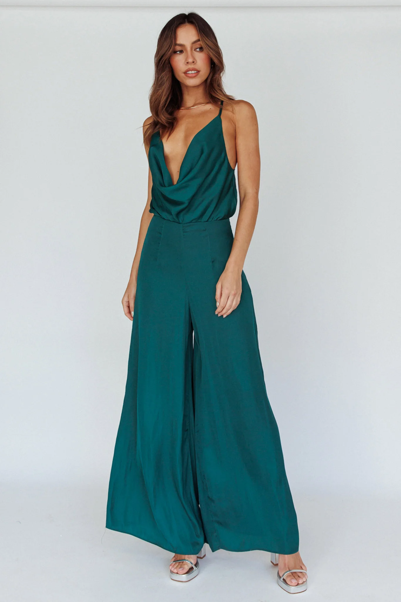 Jaclyn Wide-Leg Cowl Neck Jumpsuit Forest Green