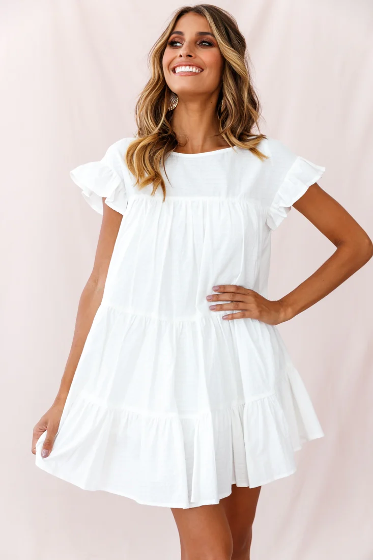 Hyacinth Ruffle Sleeve Smock Dress White