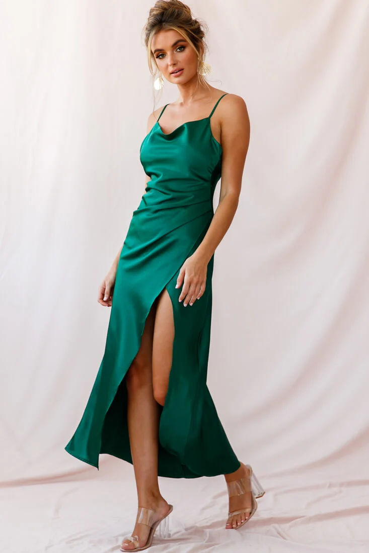 Hey Girl Long Satin Cowl Neck Dress Forest Green