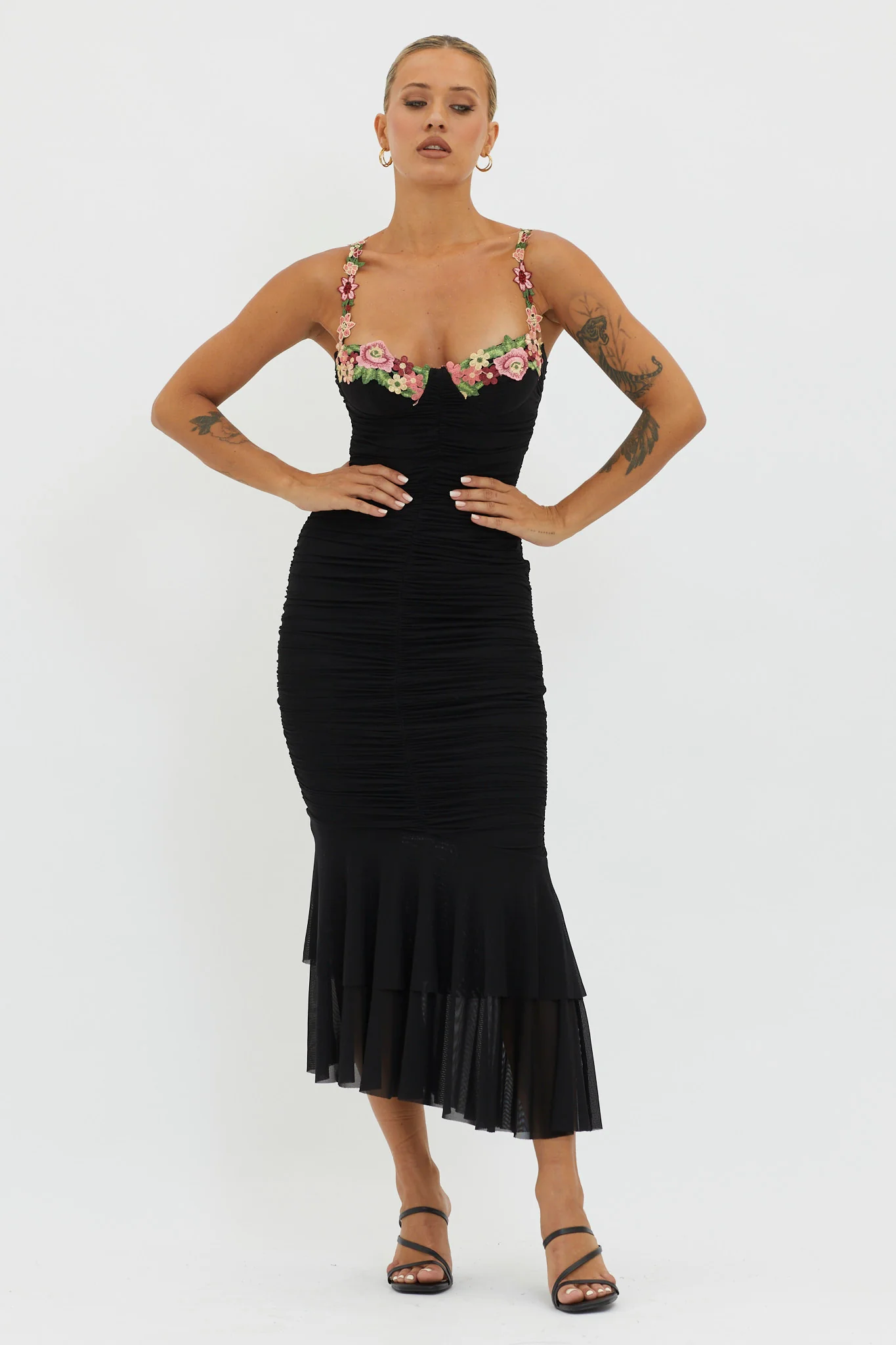 Rose Garden Ruched Mesh Midi Dress Black