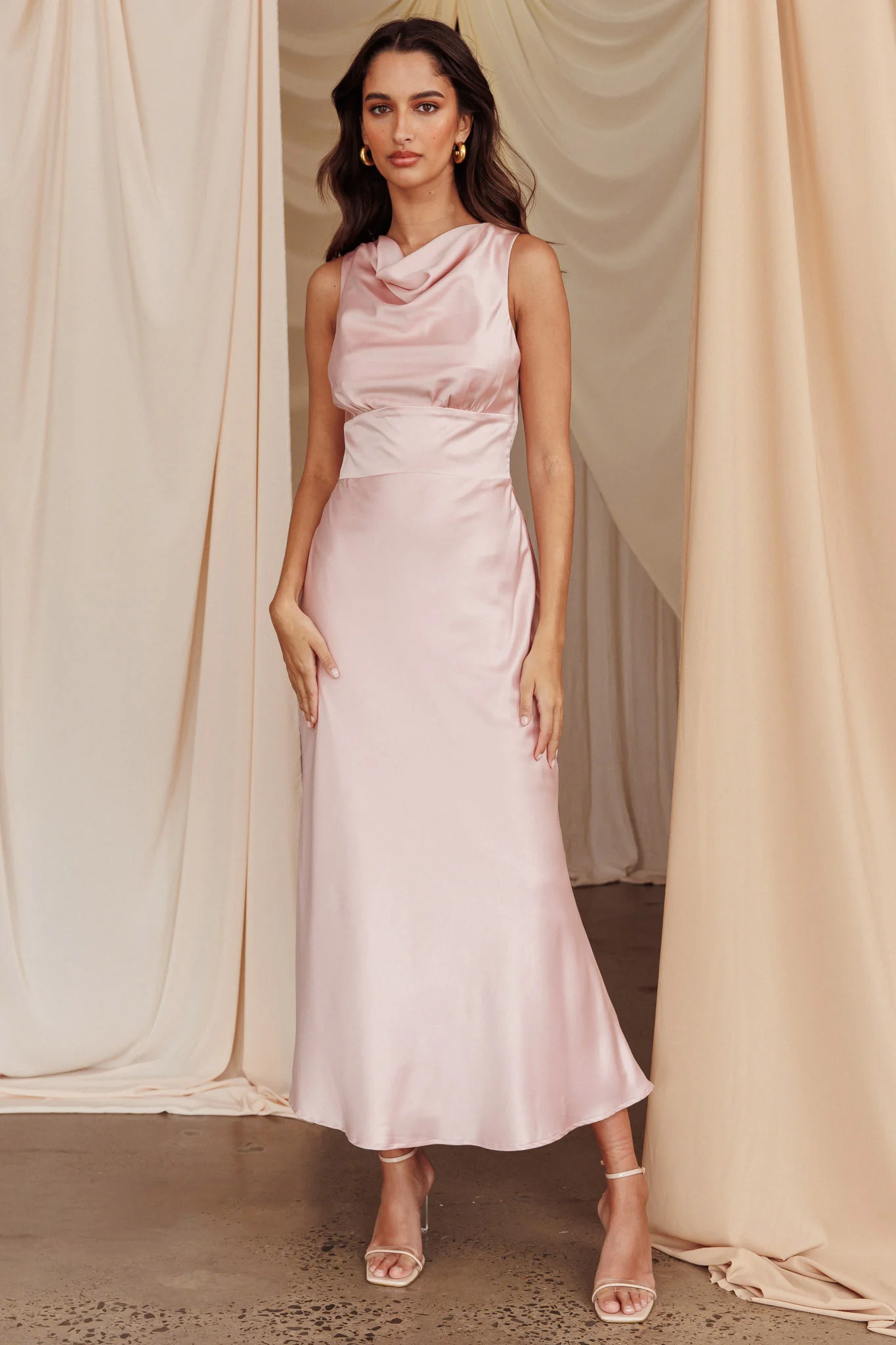 Fluttering Hearts Cowl Neck Sleeveless Midi Dress Blush