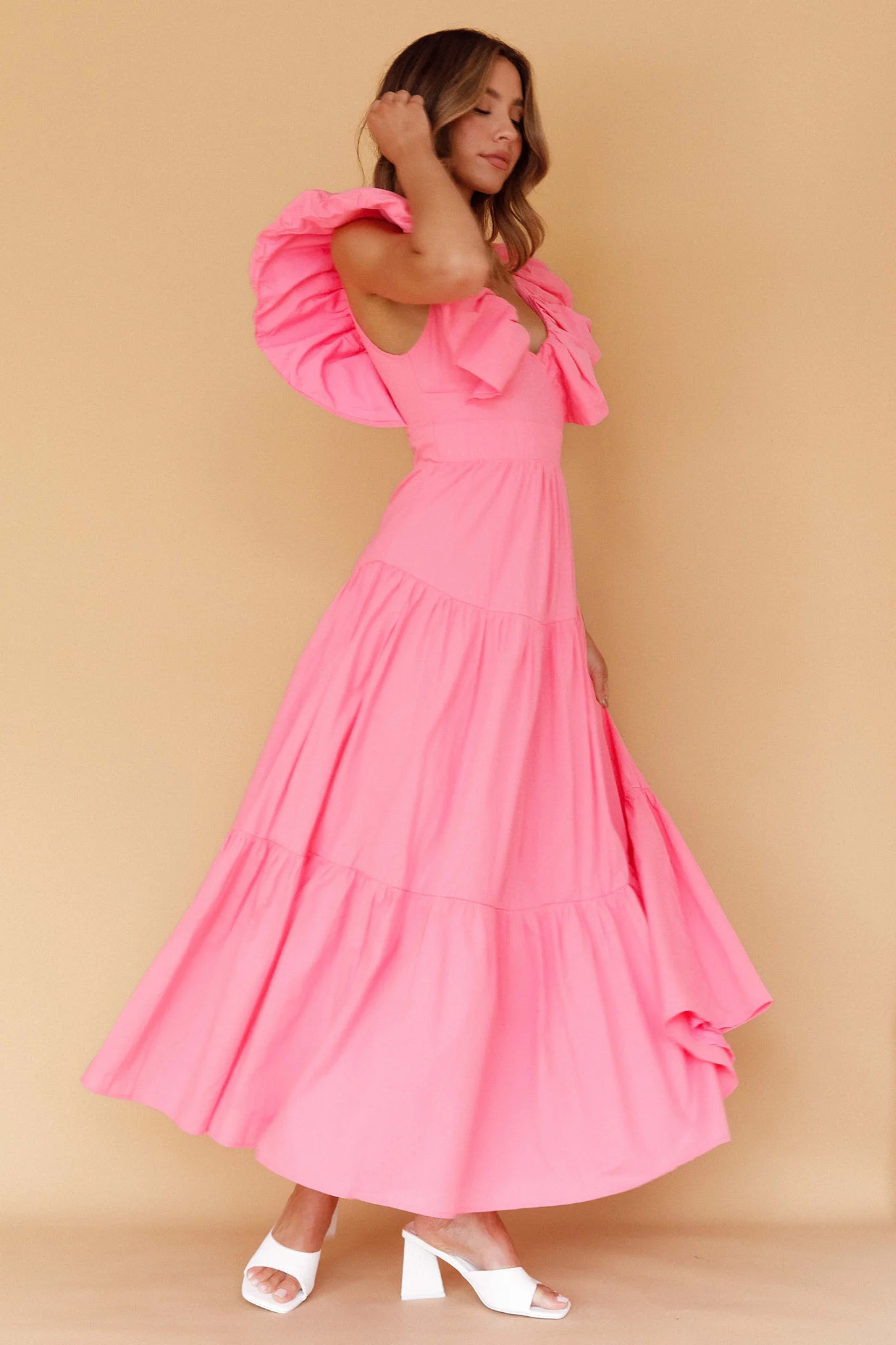 Kahlo Puffed Ruffle Neckline Maxi Dress Soft Pink