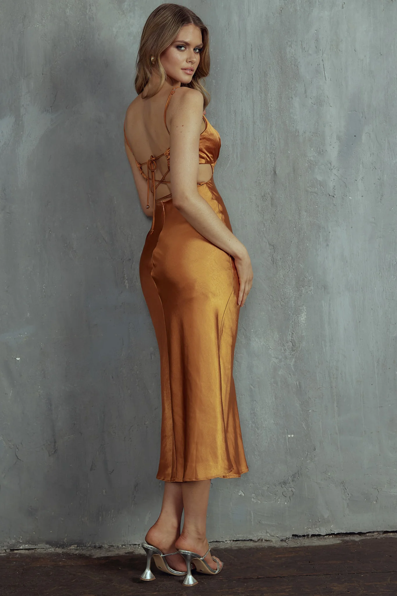 City Lights Cut-Out Waist Strappy Back Midi Dress Bronze