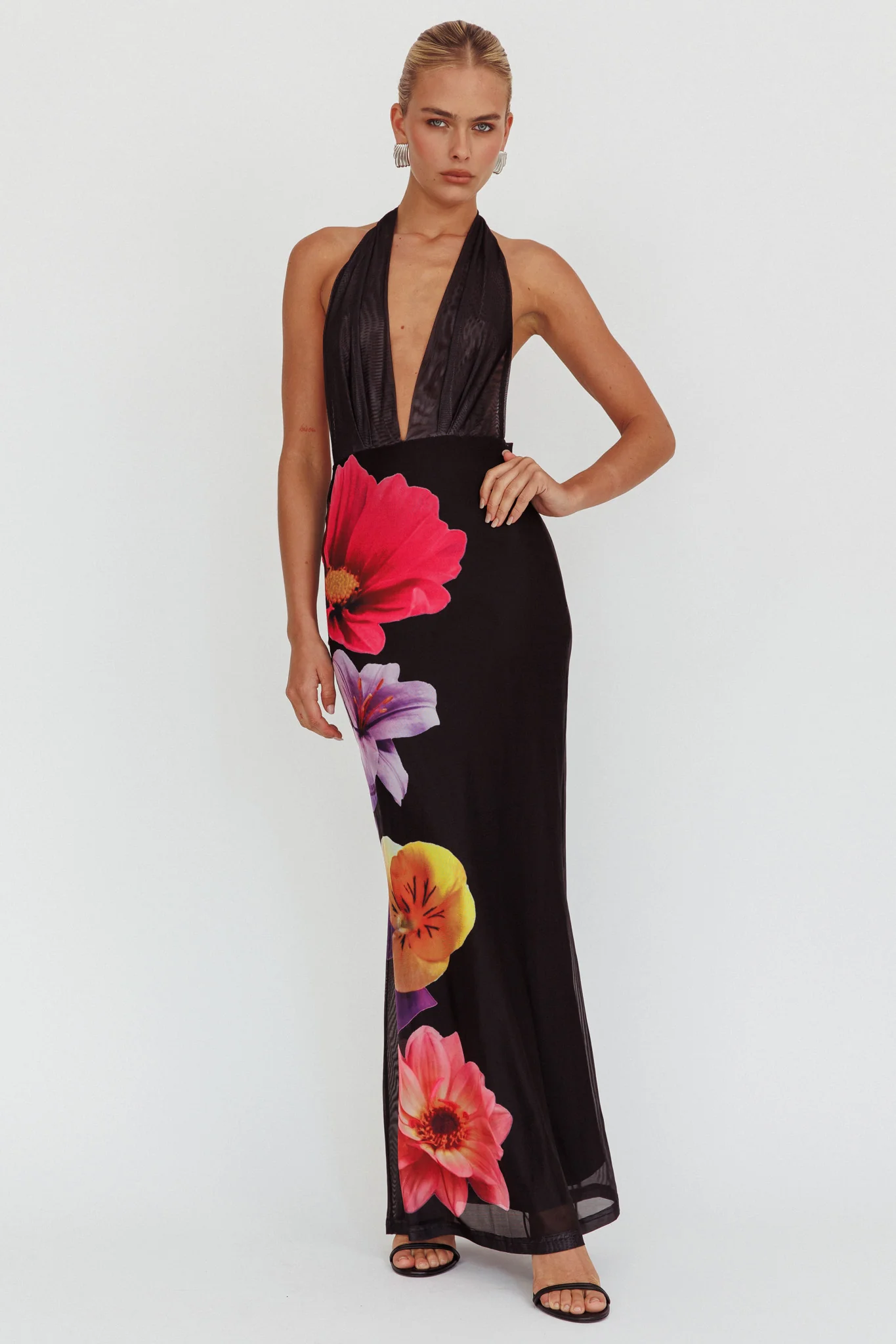 Italia Azure Halterneck Maxi Dress Flowers Black