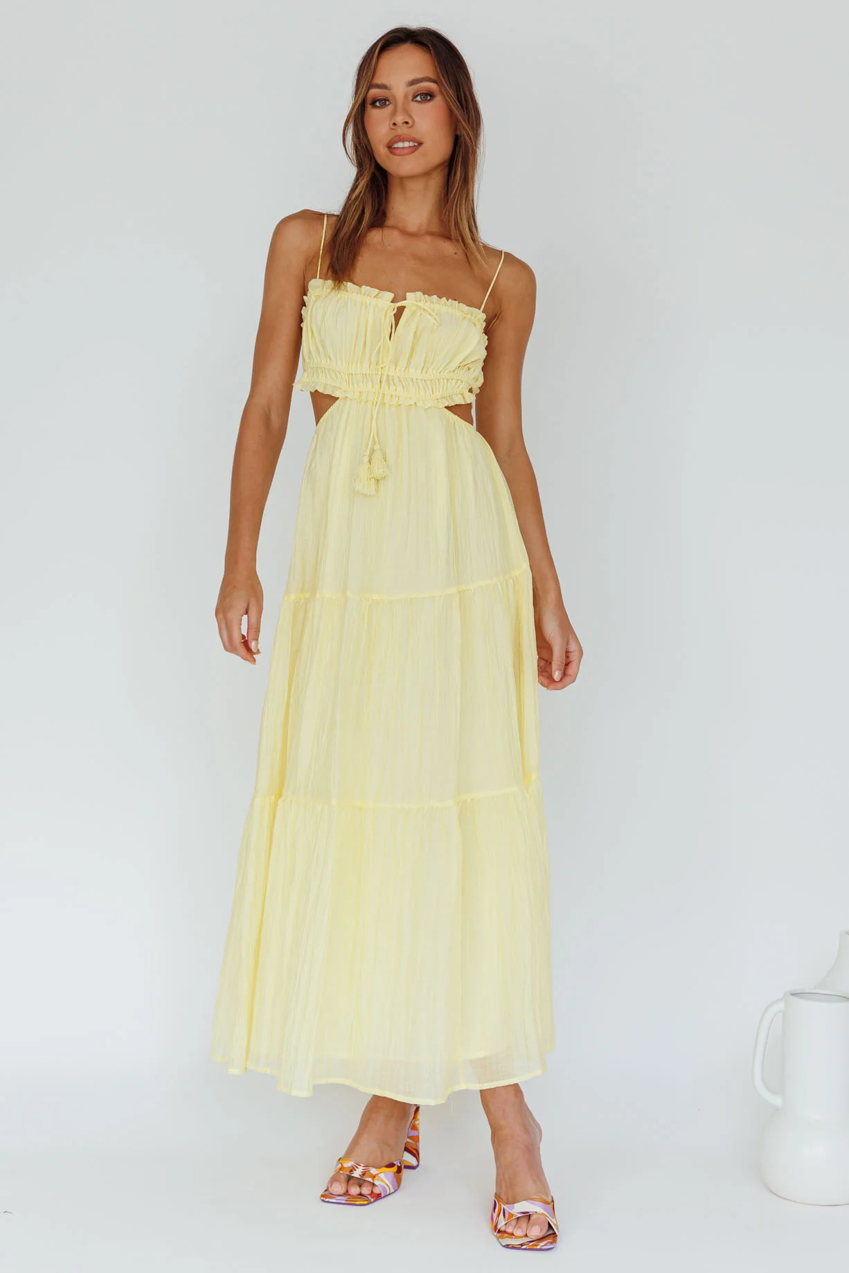 Eyona Cut-Out Waist Tie Maxi Dress Lemon