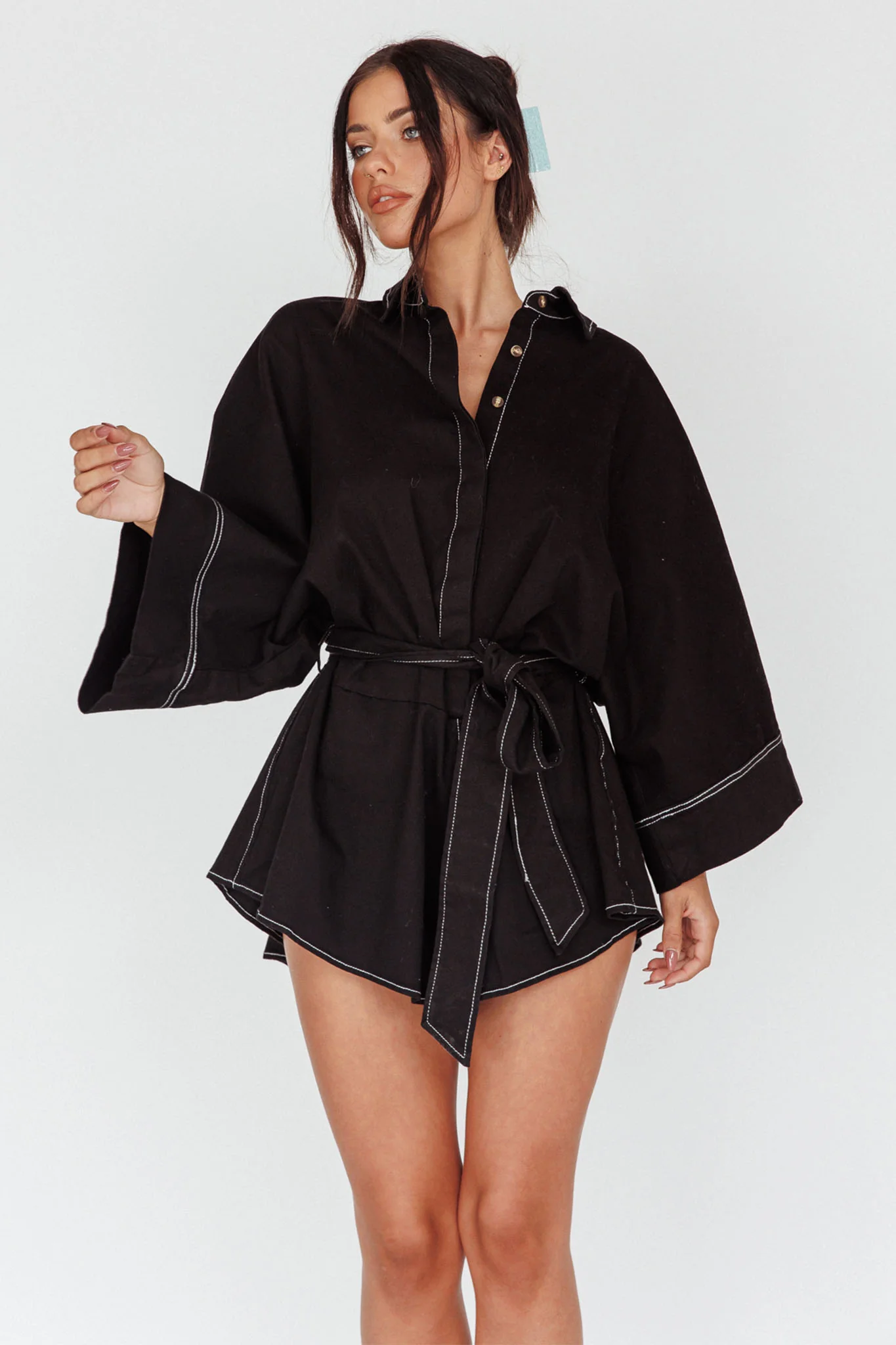 Daytona Beach Long Sleeve Shirt Romper Black