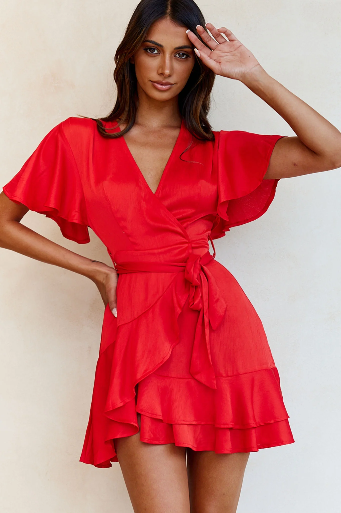 Cami Angel Sleeve Faux Wrap Dress Red