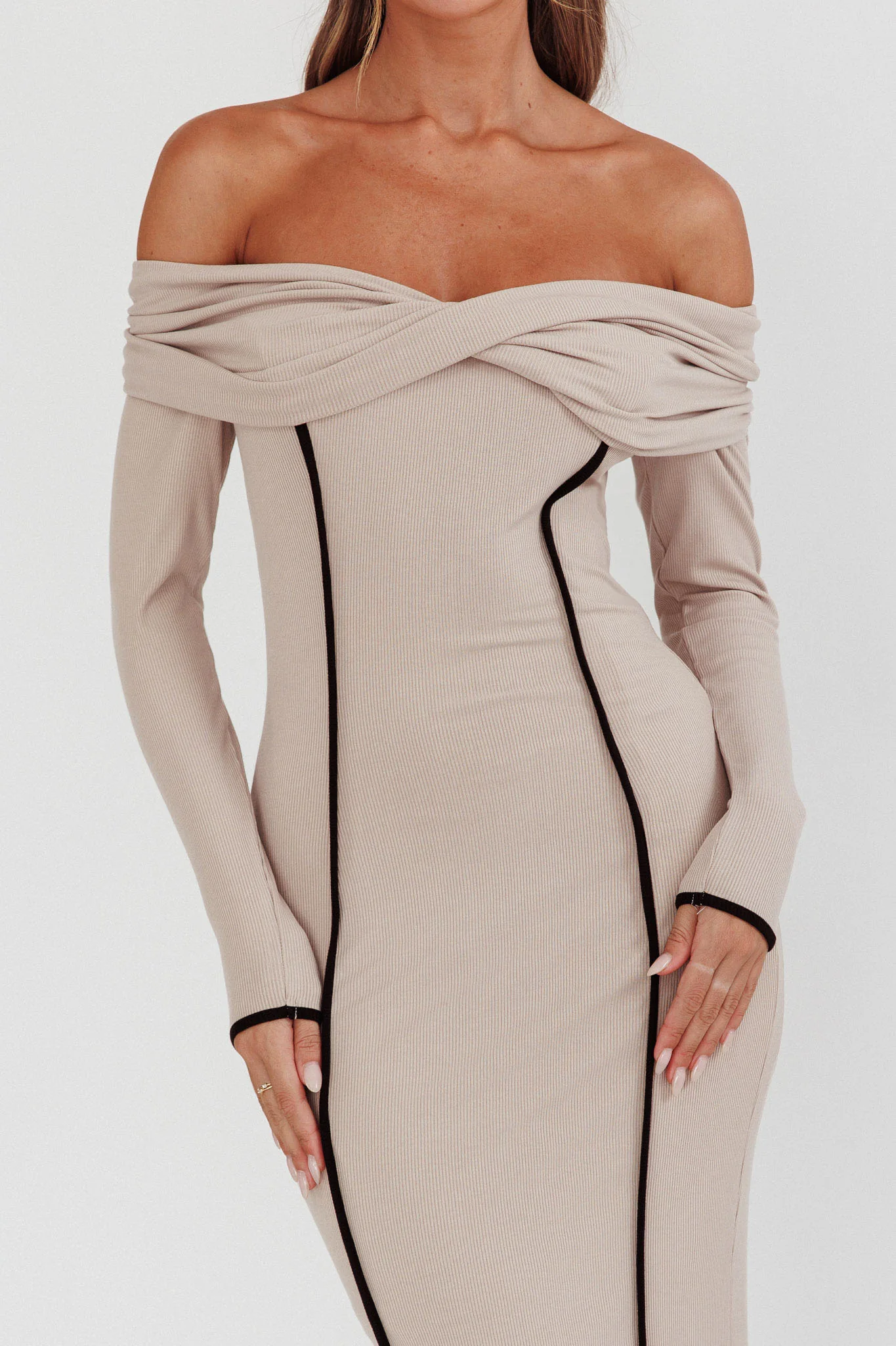 Genesis Off-Shoulder Long Sleeve Maxi Dress Pebble