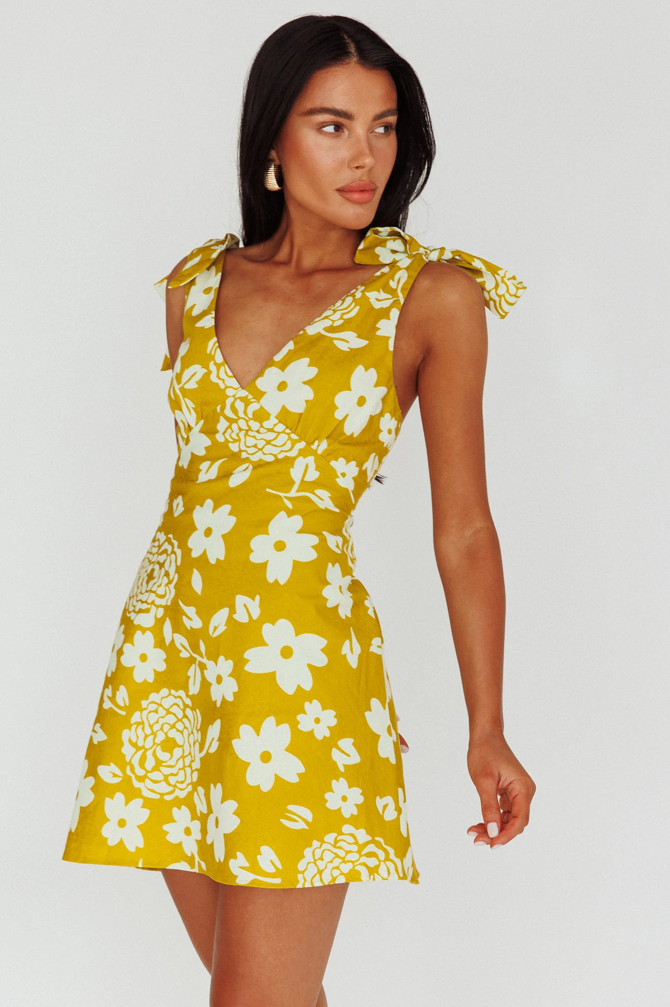 Mykonos Morning Tied Shoulder Mini Dress Floral Tan