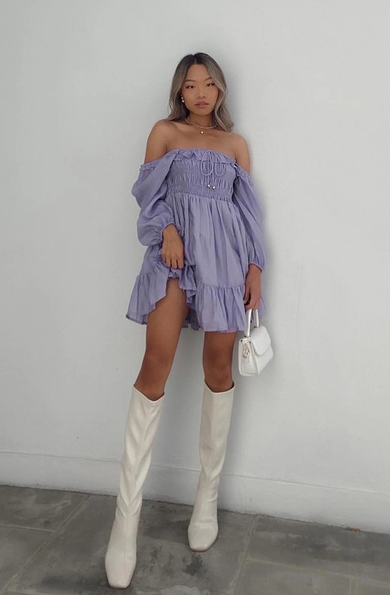 Flynn Balloon Sleeve Shirred Bust Mini Dress Lavender