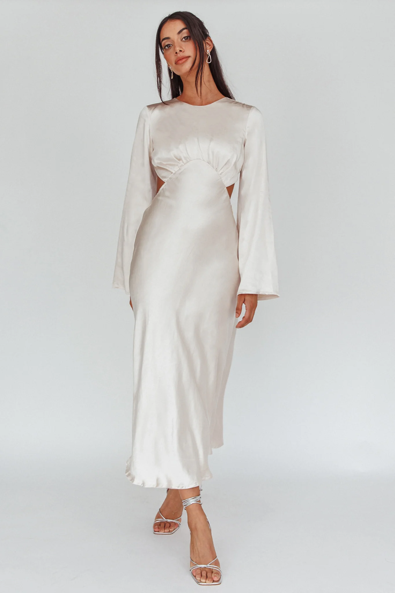 Doting Bell Sleeve Cut-Out Midi Dress Champagne