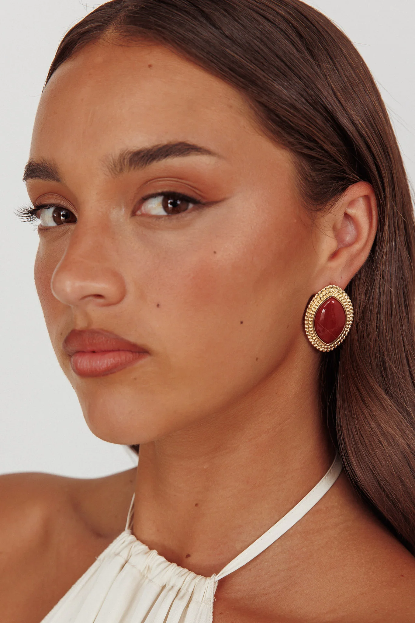 Coco Marquise Cabochon Earrings Gold Burgundy