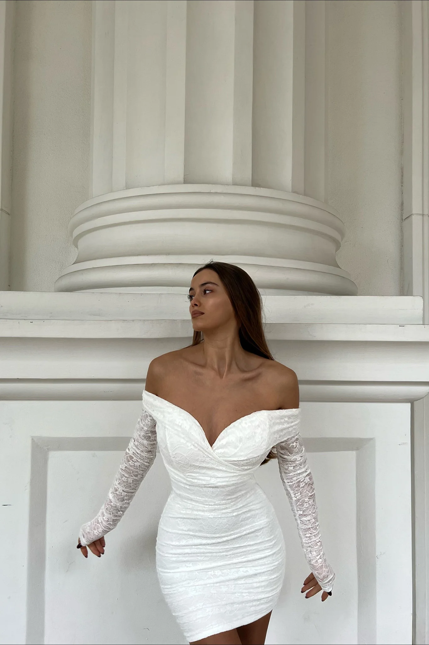 Moonrise Off-Shoulder Long Sleeve Dress Lace White