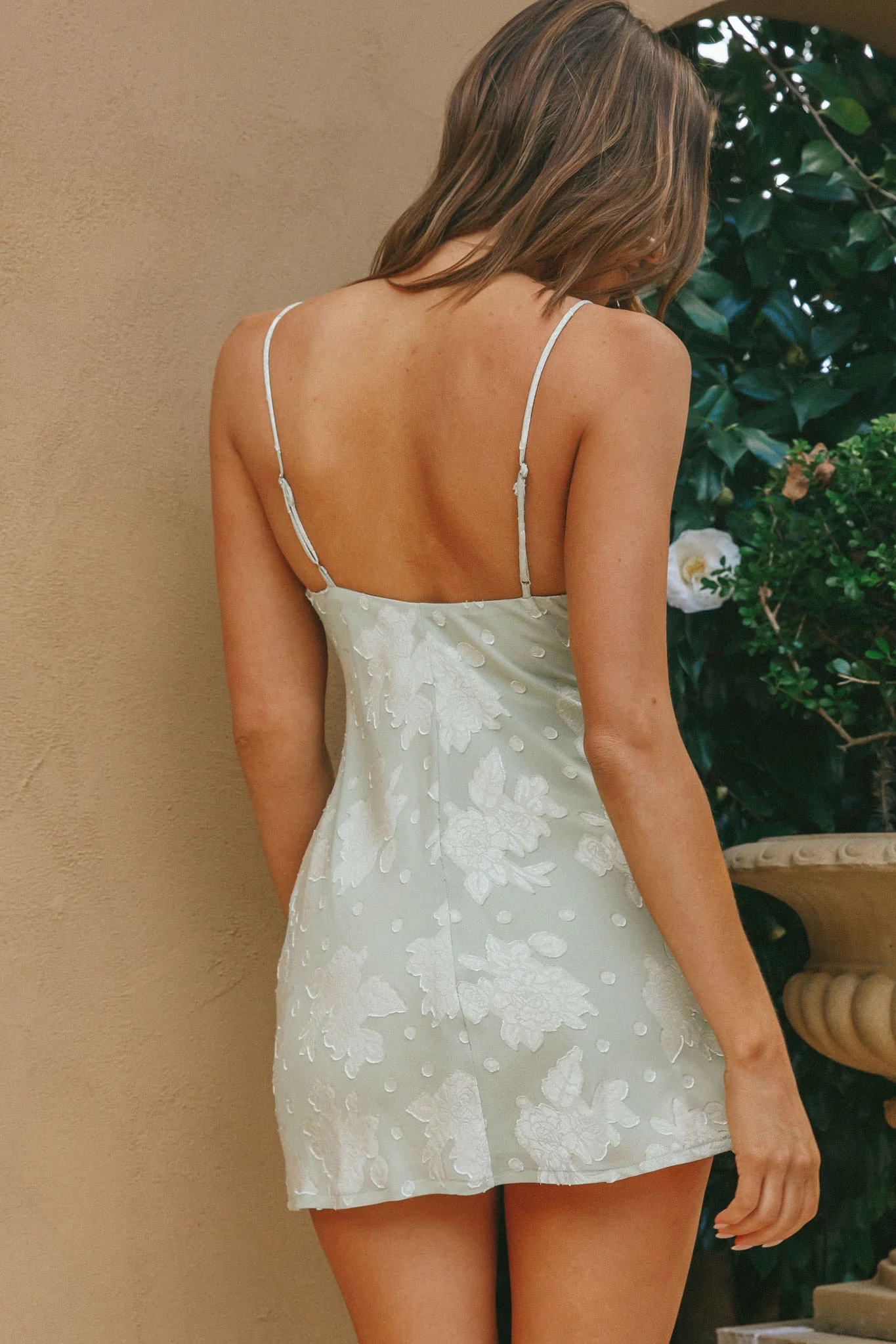 Show Me Love Cowl Neck Mini Dress Textured Floral Avocado