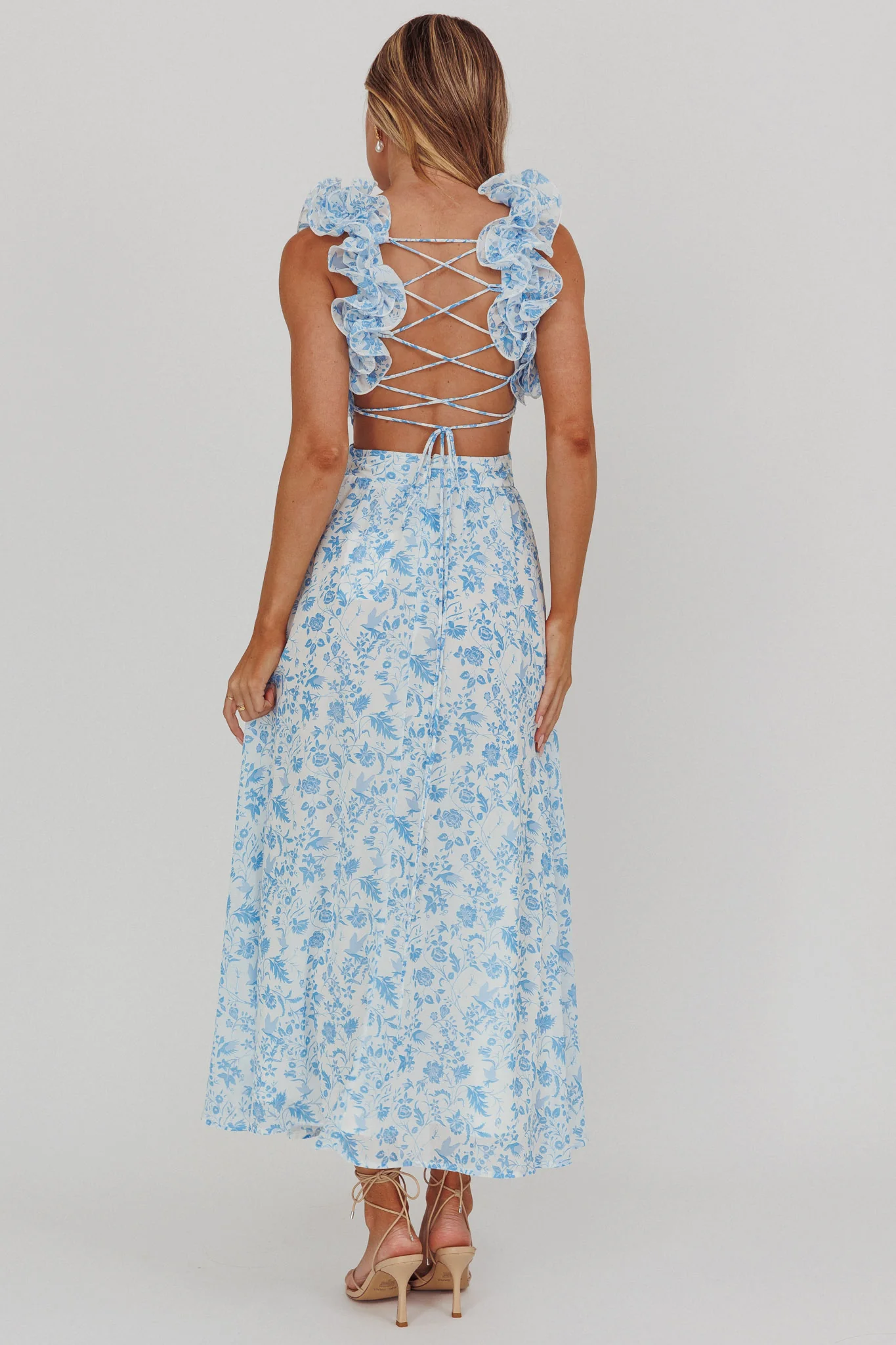 Madara Lace-Up Back Maxi Dress Flowers Blue
