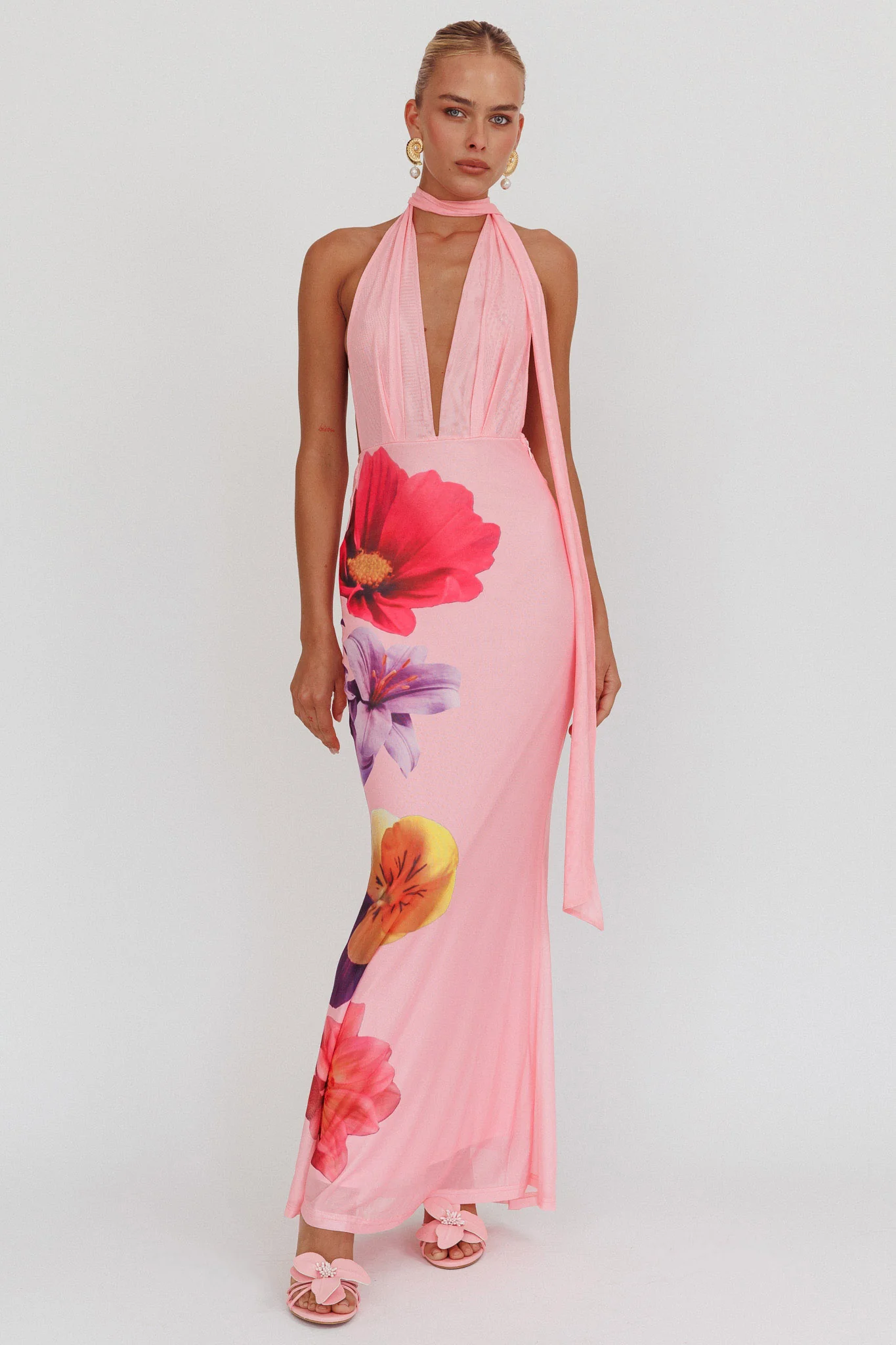 Italia Azure Halterneck Maxi Dress Flowers Pink
