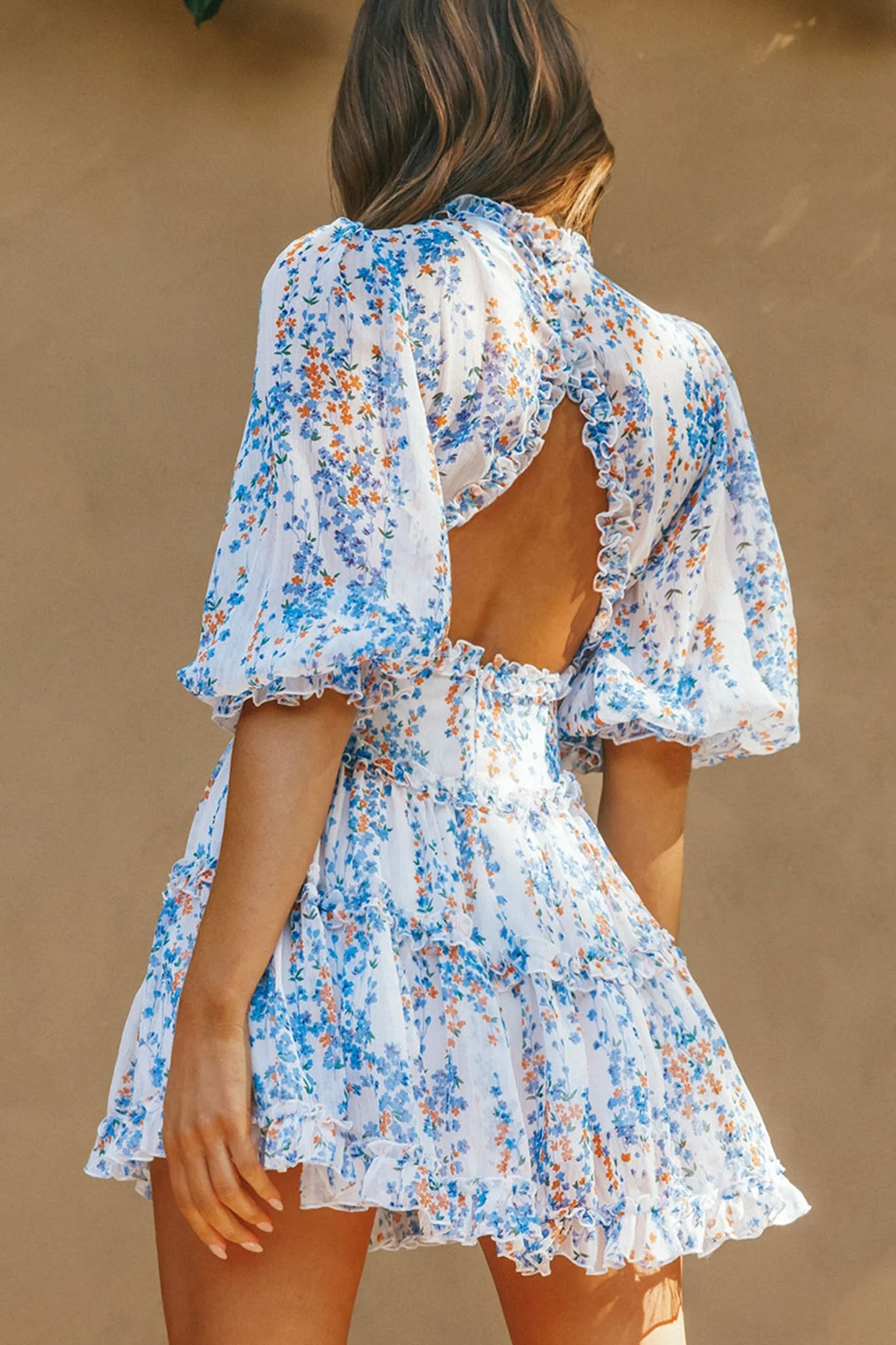 Laney Cutout Back Ruffle Detail Floral Dress White