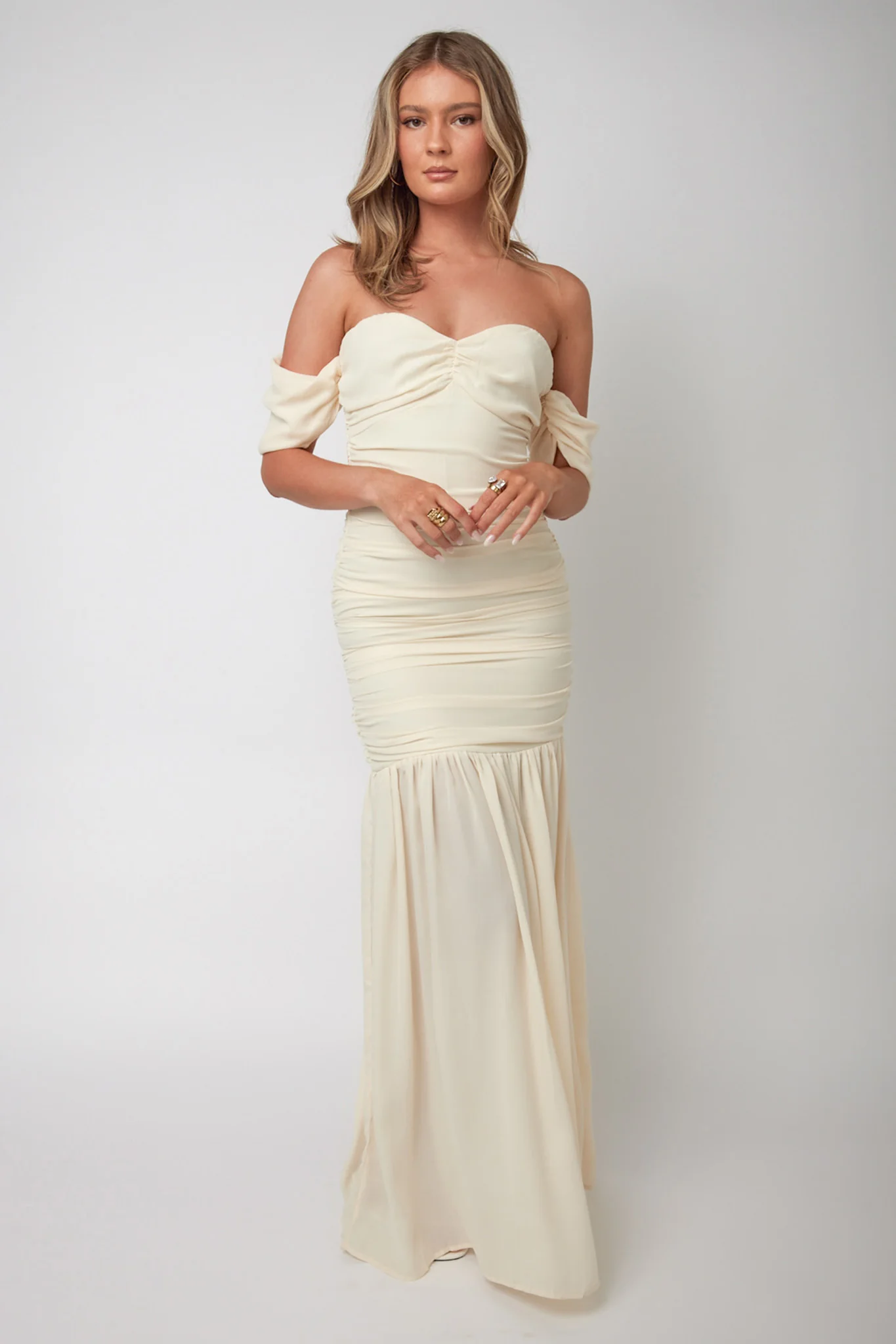 Dalisha Off Shoulder Ruched Maxi Dress Cream