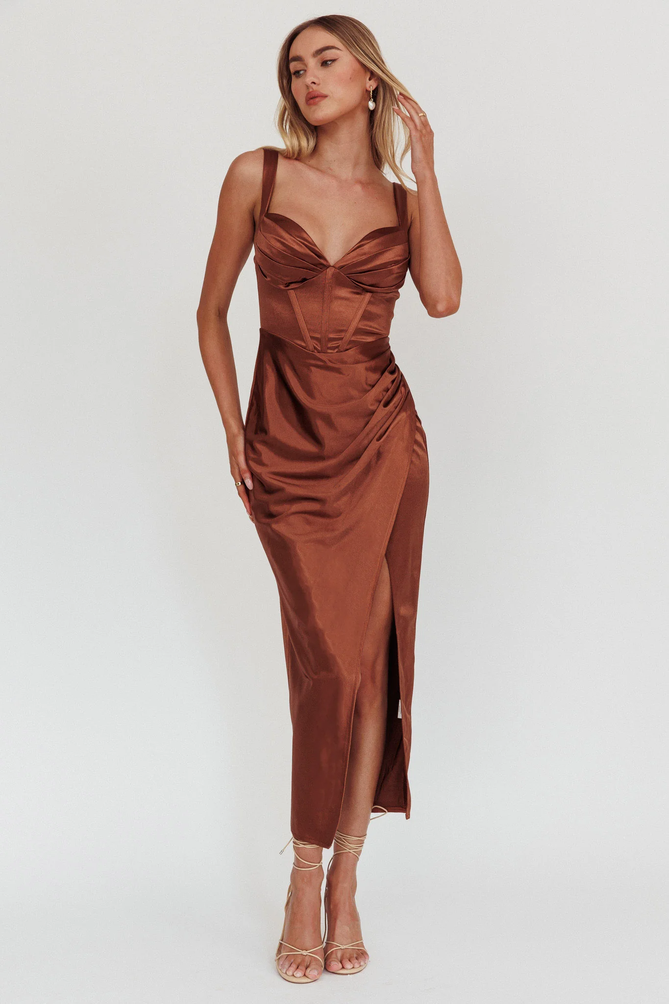 Whimsy Pleated Bust Midi Dress Chocolate
