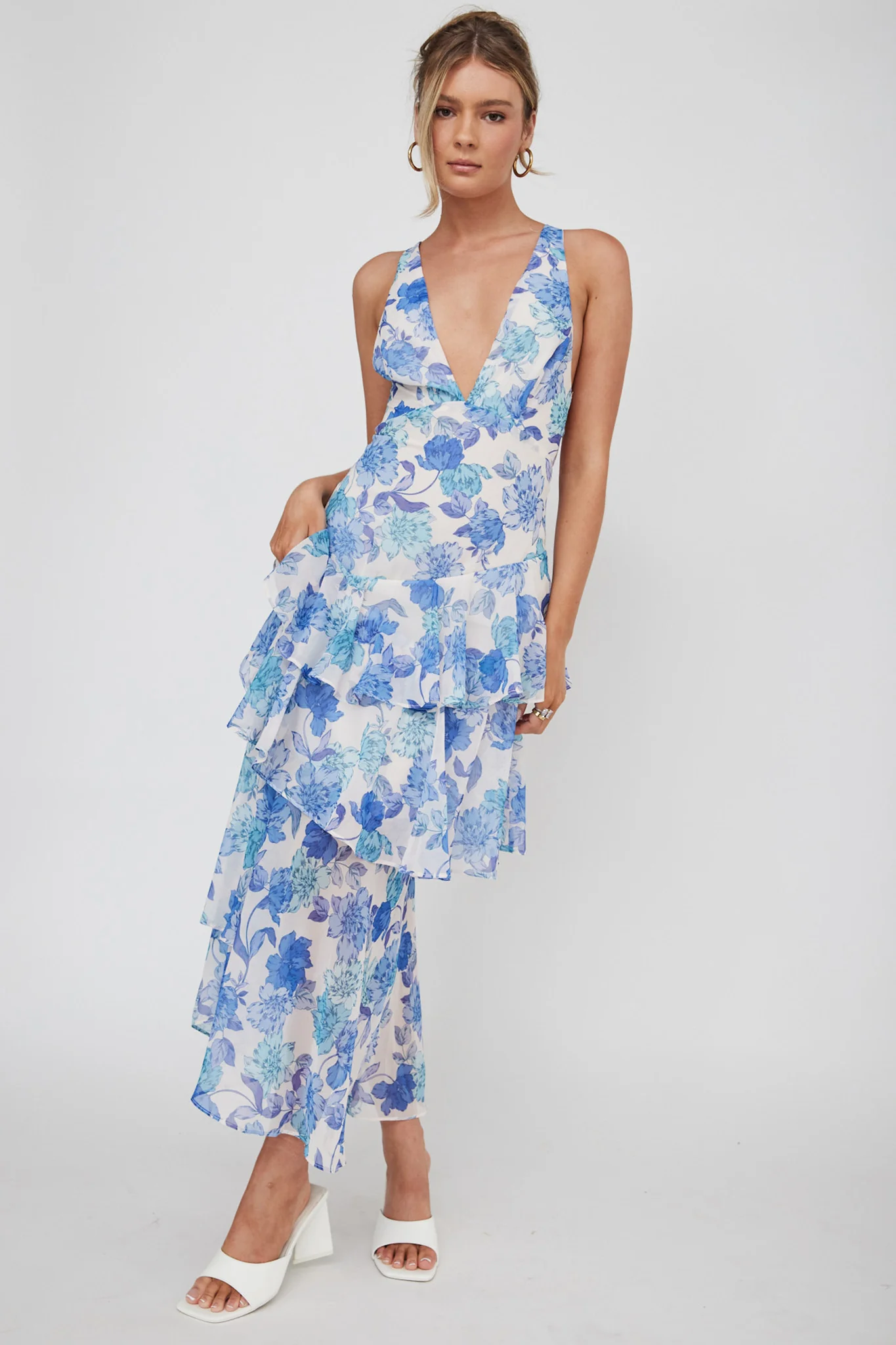 Veda Strappy Back Ruffle Midi Dress Floral Blue