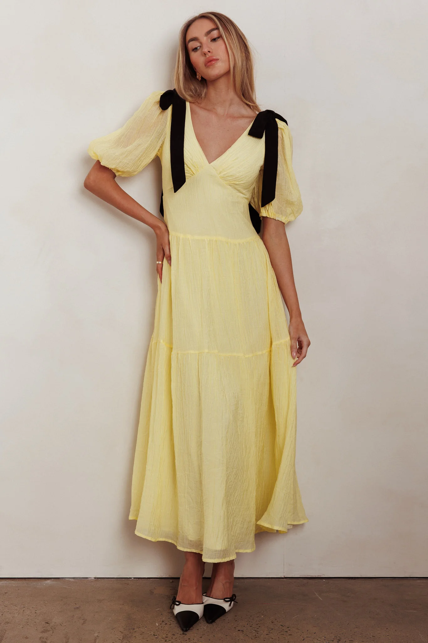 Sinta Bow Shoulder Puff Sleeve Maxi Dress Lemon