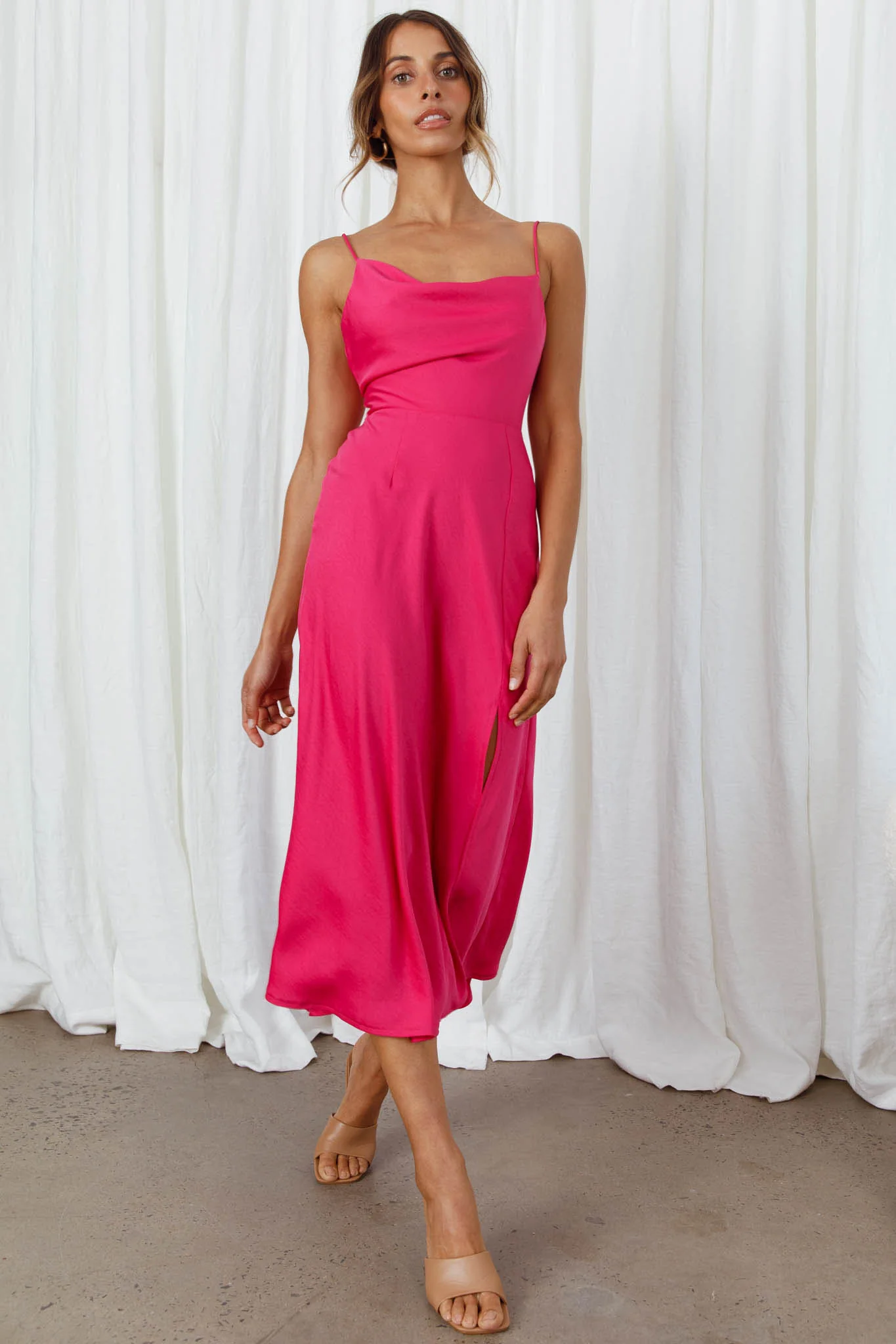 Suki Front Split Midi Dress Hot Pink