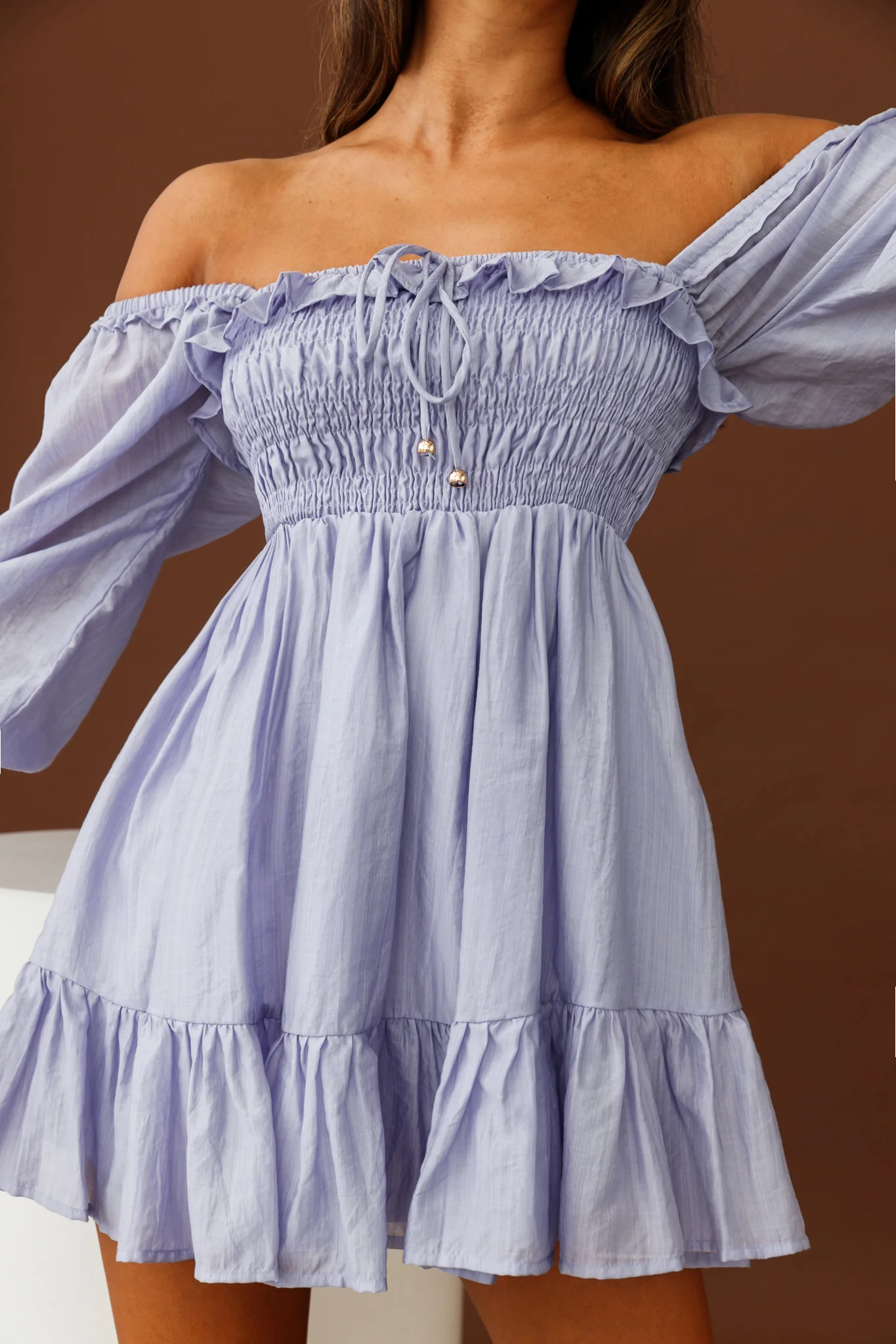 Flynn Balloon Sleeve Shirred Bust Mini Dress Lavender