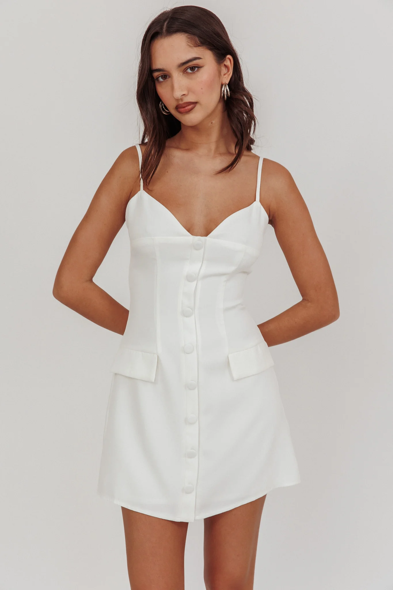 So Good Front Button Mini Dress White