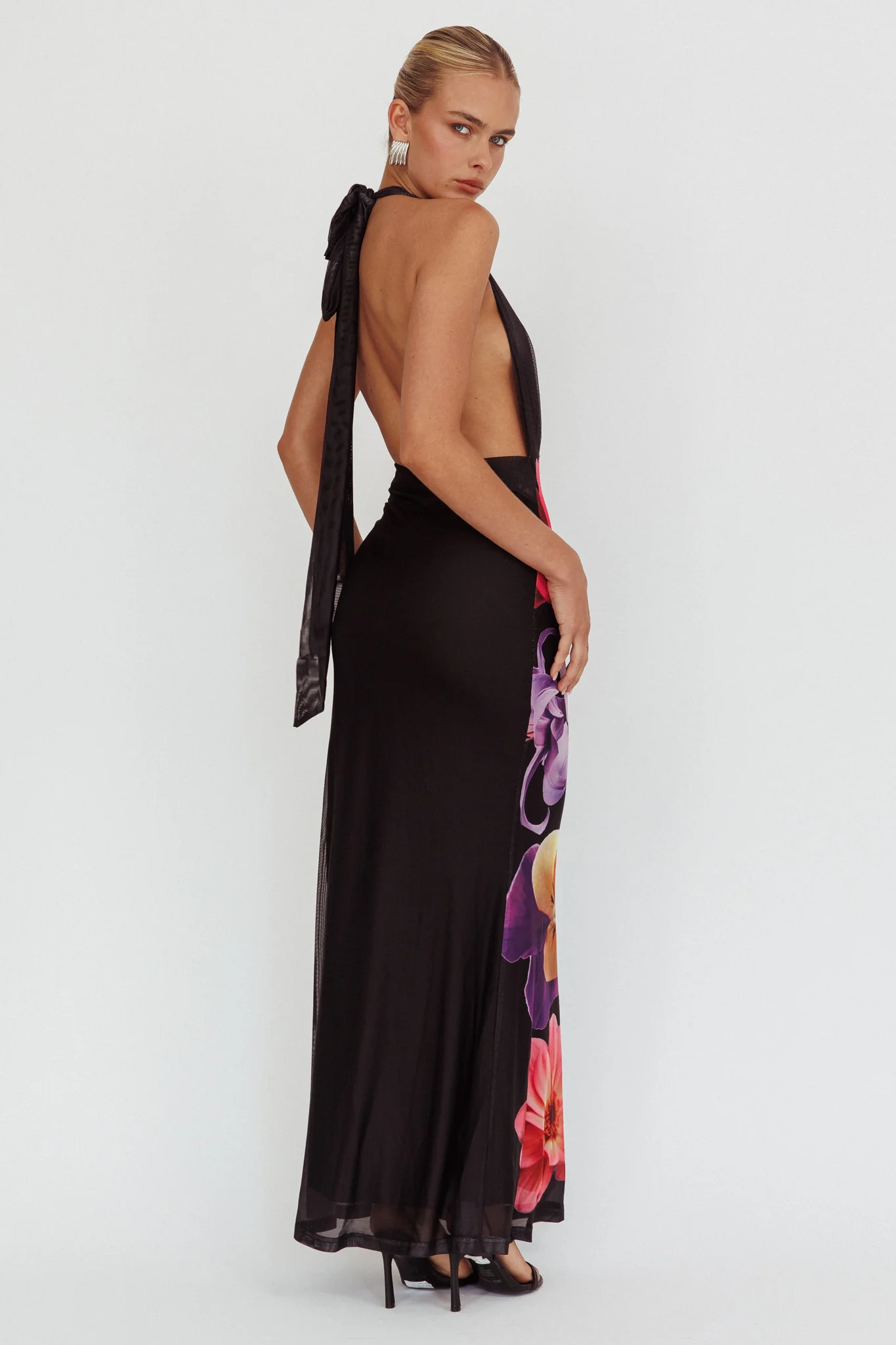 Italia Azure Halterneck Maxi Dress Flowers Black