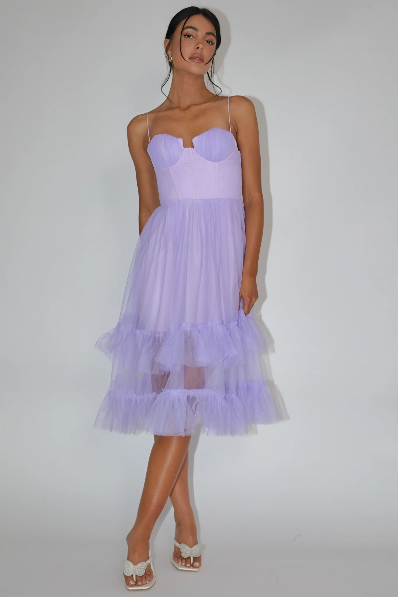 Moonlight Sonata Ruffle Mesh Midi Dress Lilac