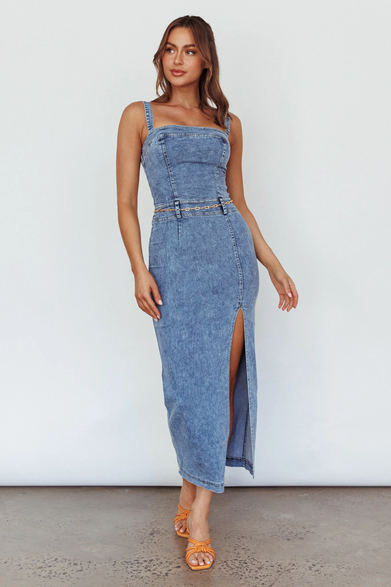 Onyx Thigh Split Midi Dress Denim